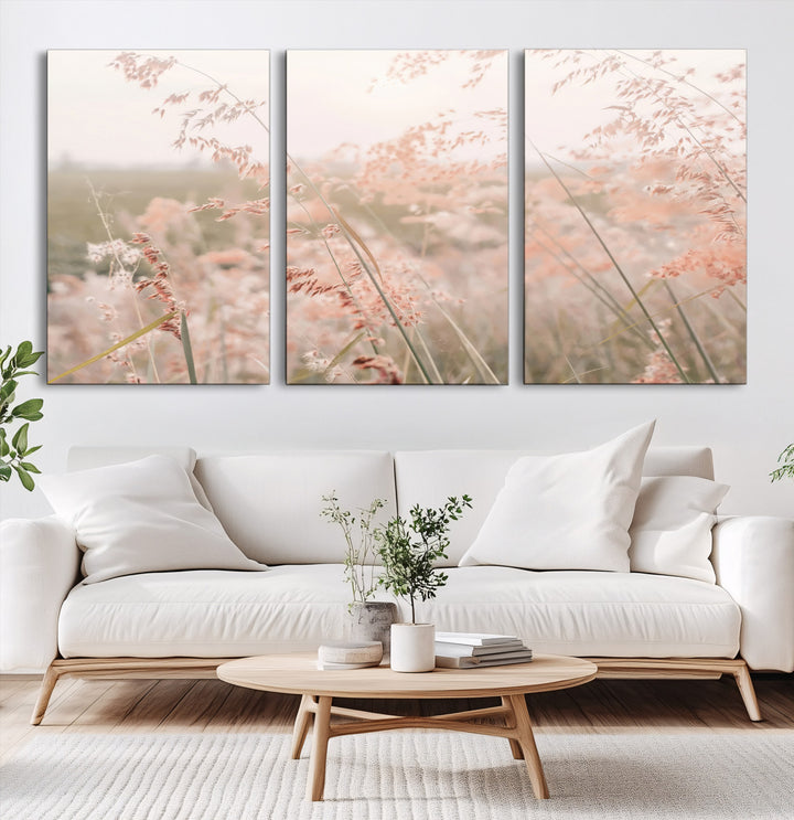 Pastel Grasses Wall Art Canvas Print, Soft Meadow Print, Framed Field in Breeze Art Print, Large Pink Meadow Printing Soft Pastel