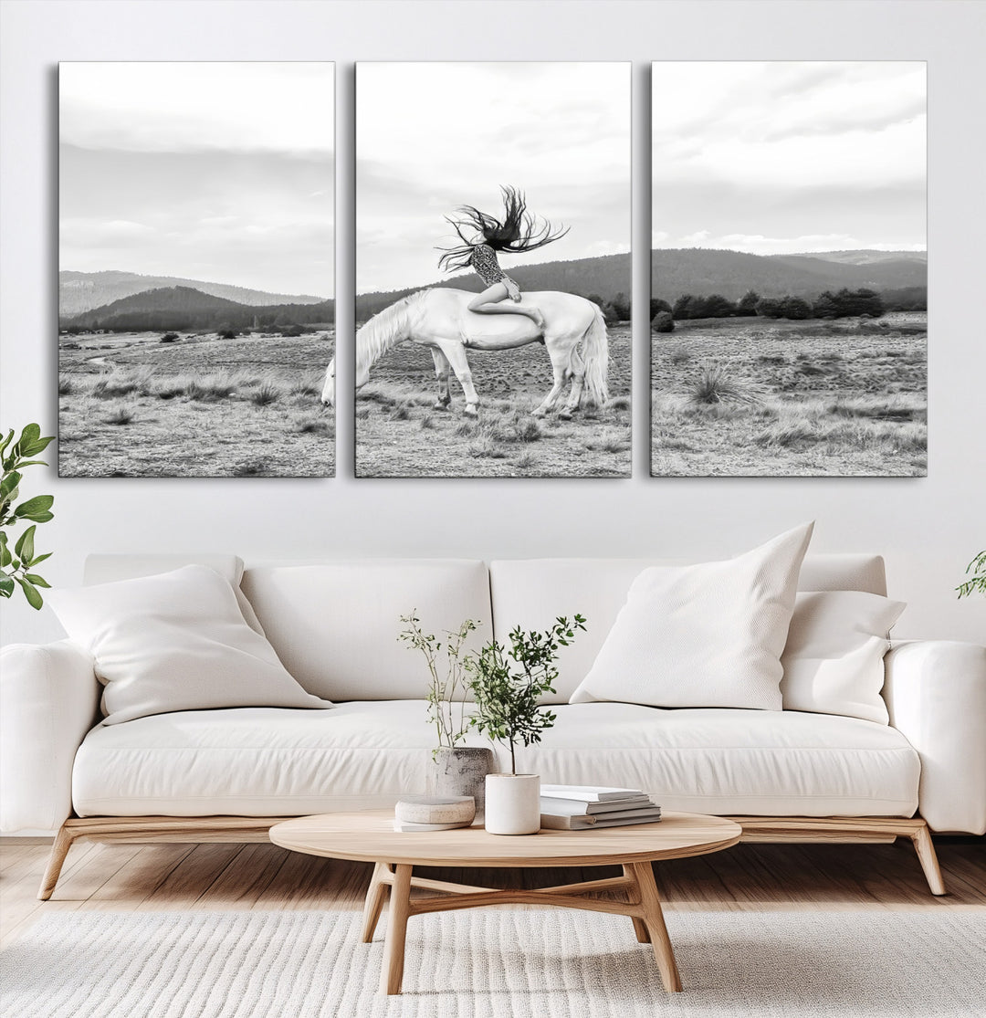 White Horse Wall Art Canvas Print, Woman Rider Print, Framed Equestrian Pose Art Print, Large Grazing Horse Printing Western Boho
