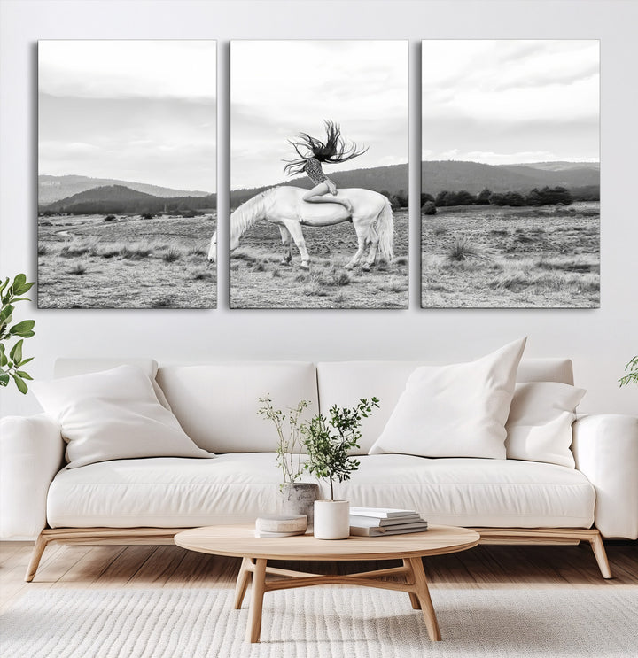 White Horse Wall Art Canvas Print, Woman Rider Print, Framed Equestrian Pose Art Print, Large Grazing Horse Printing Western Boho