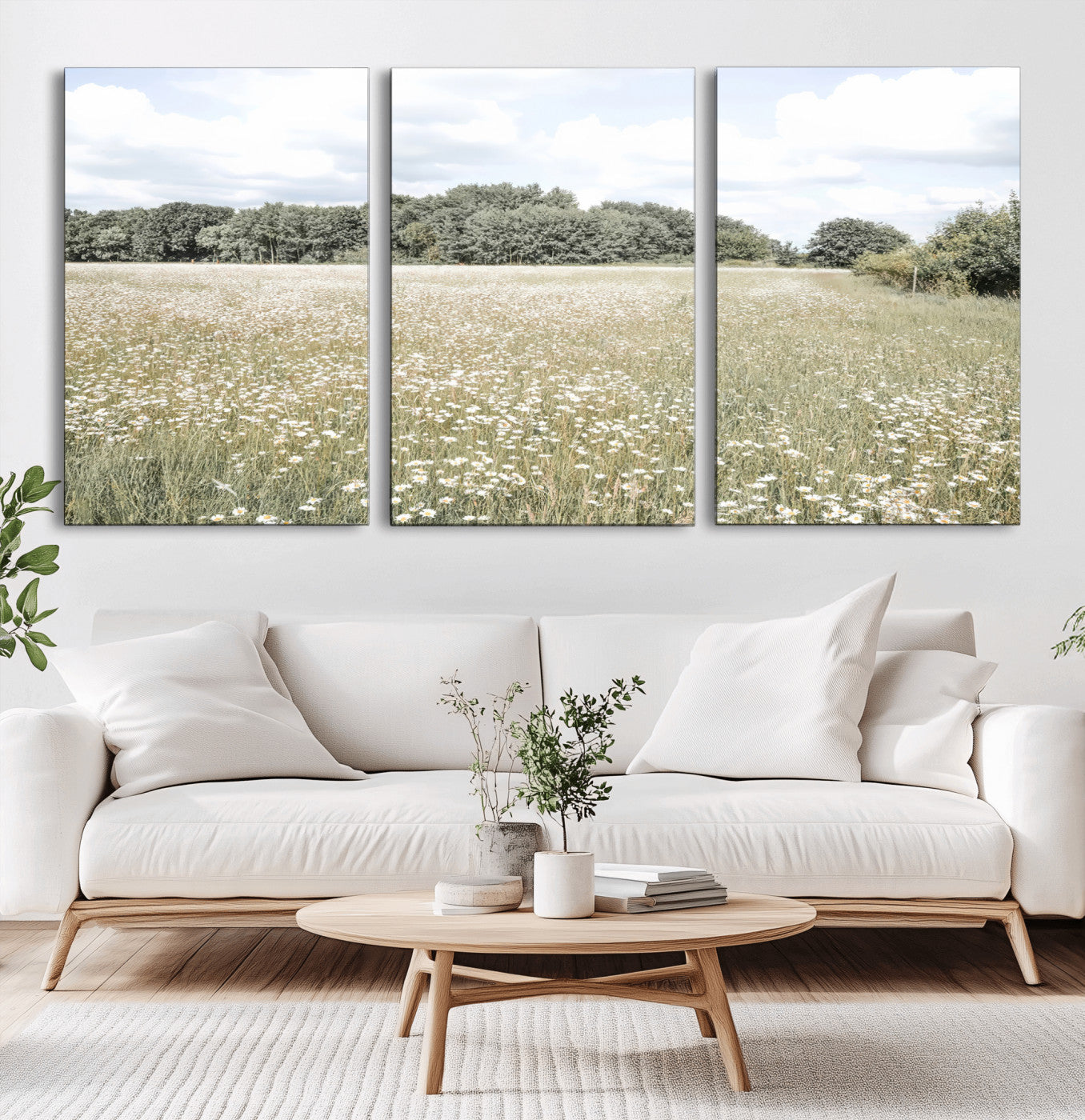MGV-CV-60X30-3P - Charming Daisy Field Wall Art Canvas Print, Framed Pastel Flower Art Picture Print, Meadow Bloom Perfect Scandinavian Minimalist Decor Artwork