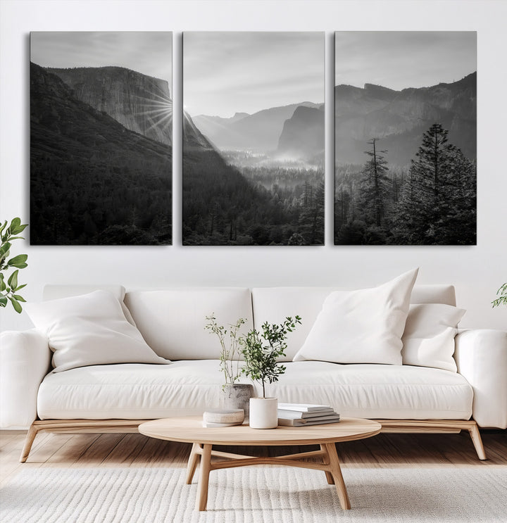 Yosemite Valley Wall Art Canvas Print, El Capitan Sunrise Print, Framed Misty Mountain Art Print, Large Monochrome Valley Printing