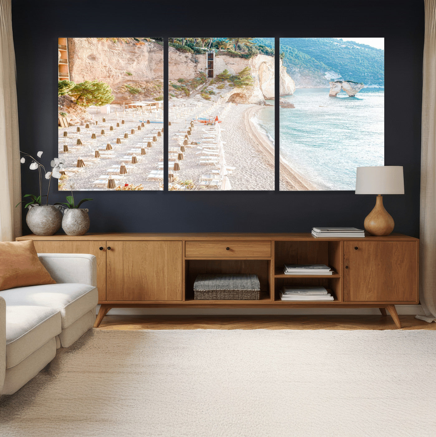 84816639-MGV-CV-36X24 - Sunny Beach Wall Art – Chairs & Umbrellas Canvas Print, Clear Water, Rocky Cliffs, Coastal Calm for Living Room or Vacation Home Decor