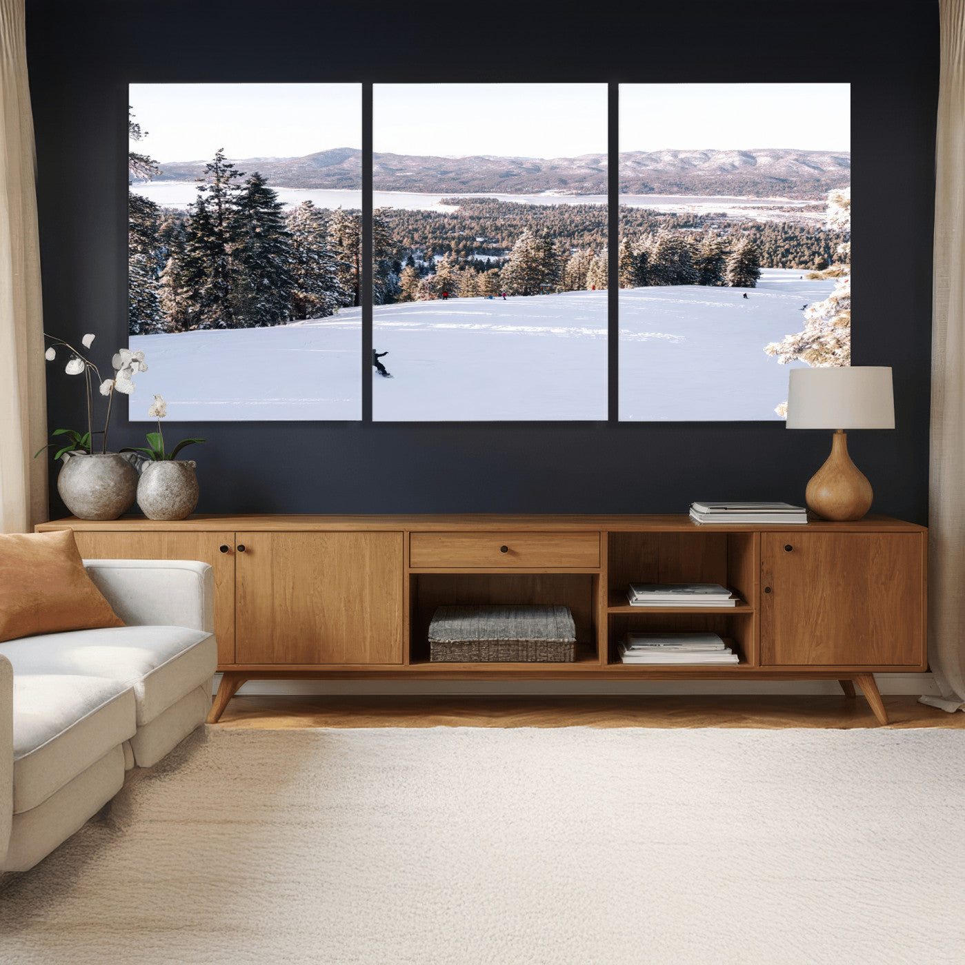 79857868-MGV-CV-36X24 - Snowboarder Wall Art – Winter Slope Canvas Print, Pine Forest, Snow-Covered Mountains, Outdoor Adventure for Living Room or Cabin Decor