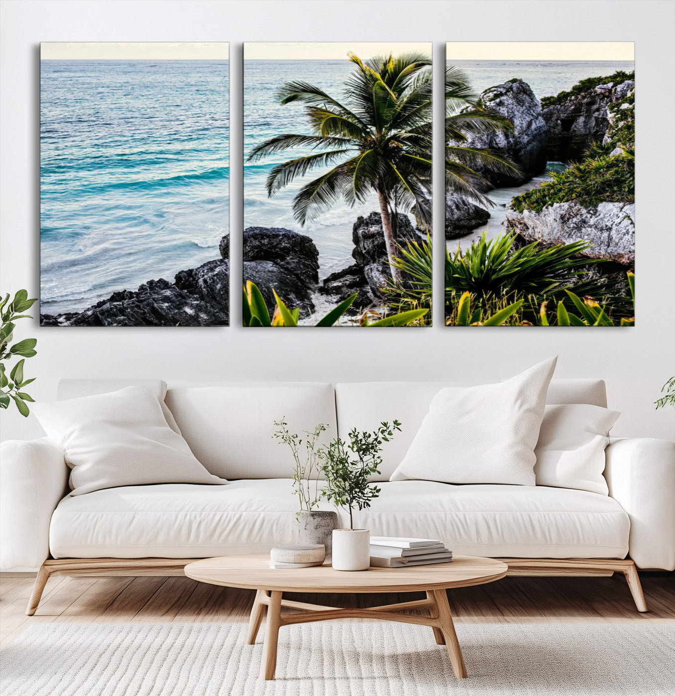 94669907-MGV-CV-60X30-3P-Tropical Coastline Wall Art Canvas Print – Framed Palm Tree and Rocky Beach Scene Artwork for Home, Office Decor