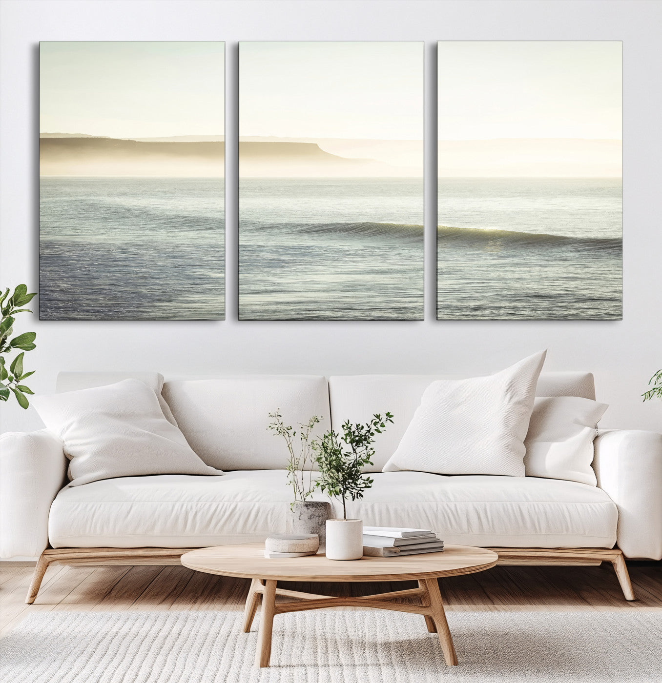 39310633-MGV-CV-60X30-3P-Coastal Cliffs Wall Art Canvas Print – Misty Ocean Seascape Framed Soft Morning Light Nature Artwork for Home Office
