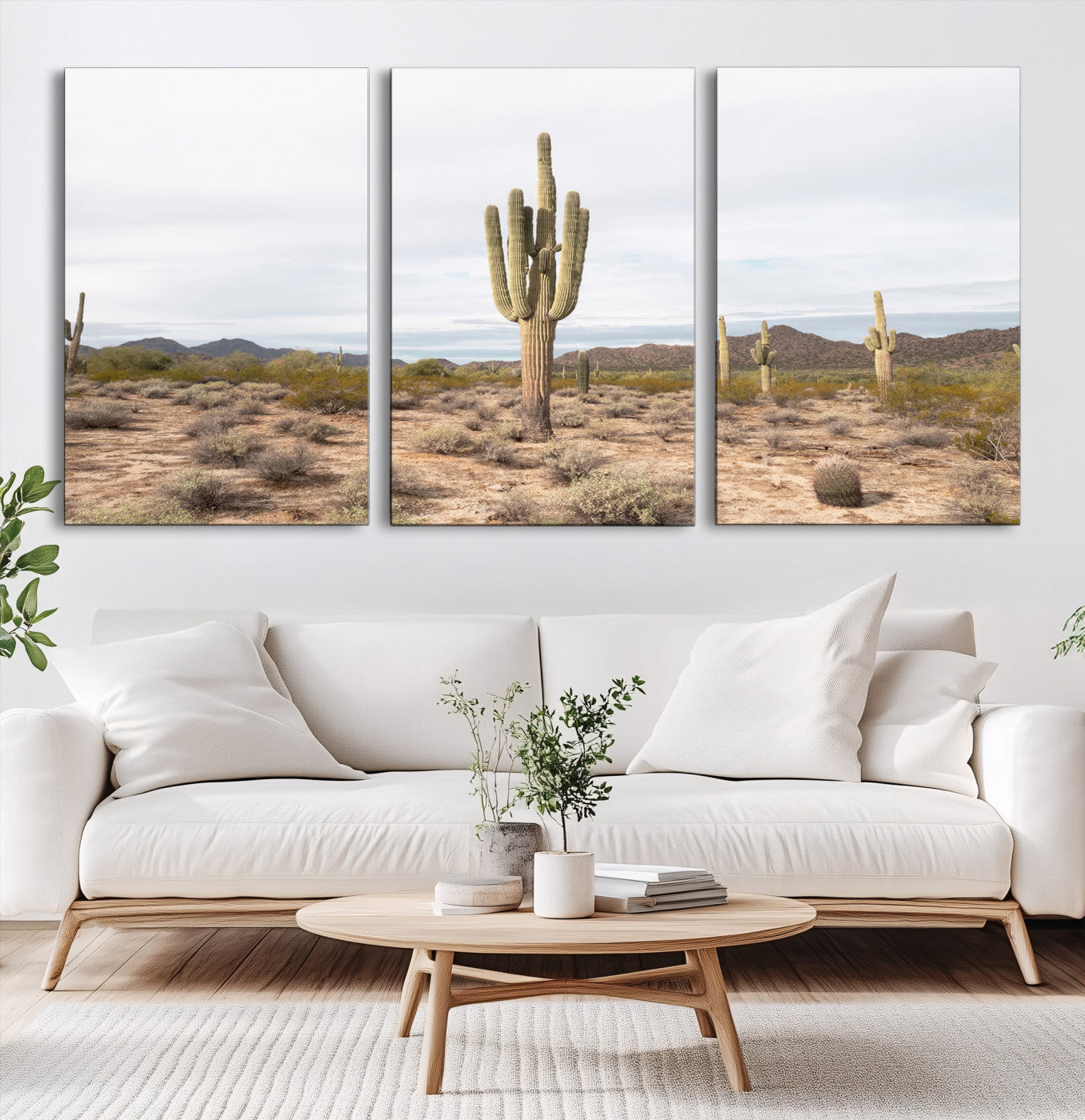 96147924-MGV-CV-60X30-3P-Saguaro Cactus Wall Art Canvas Print – Framed Desert Landscape Minimalist Boho Nature Artwork for Home Office