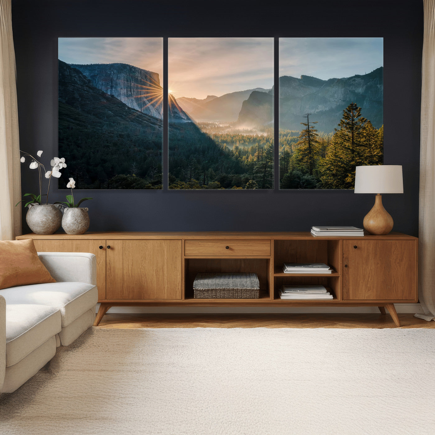 51605481-MGV-CV-36X24 - Yosemite Valley Wall Art – Misty Forest Peaks Canvas Print, Radiant Light, Tranquil Nature Landscape for Living Room or Cabin Decor