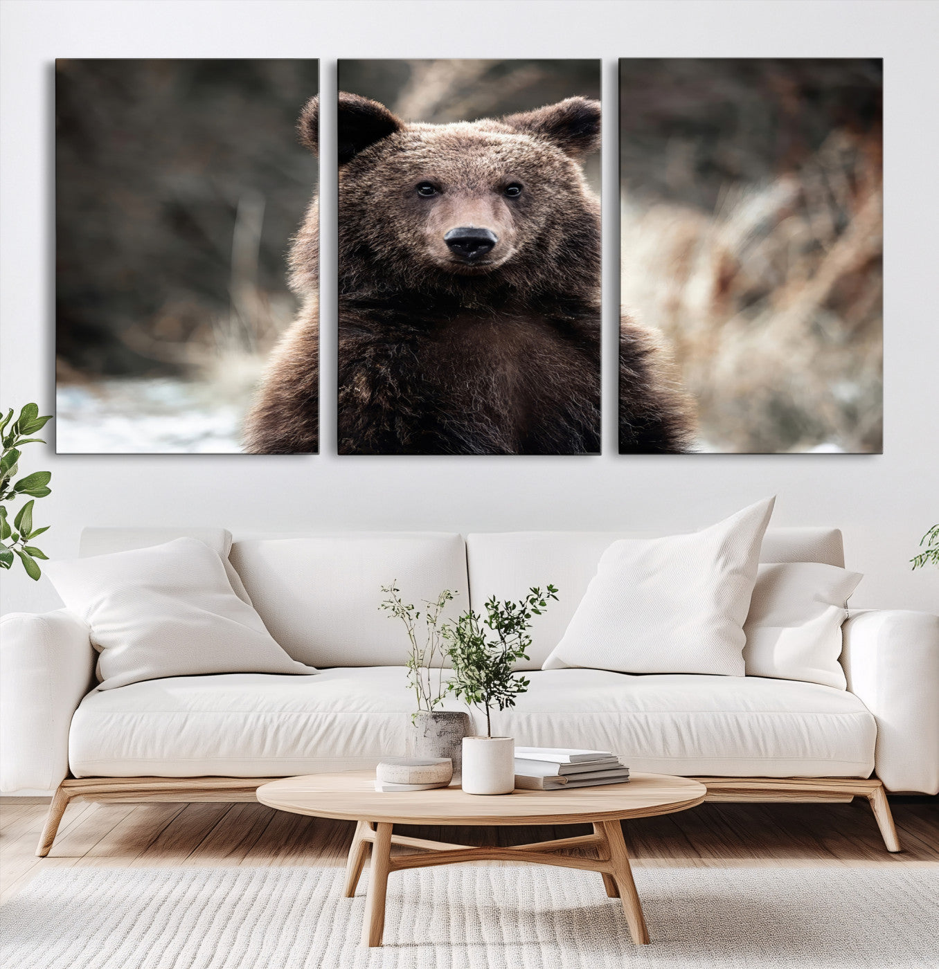 47112103-MGV-CV-60X30-3P-Brown Bear Wall Art Canvas Print – Framed Majestic Woodland Wildlife Scene Artwork for Cabin, Home, Office, Living Room