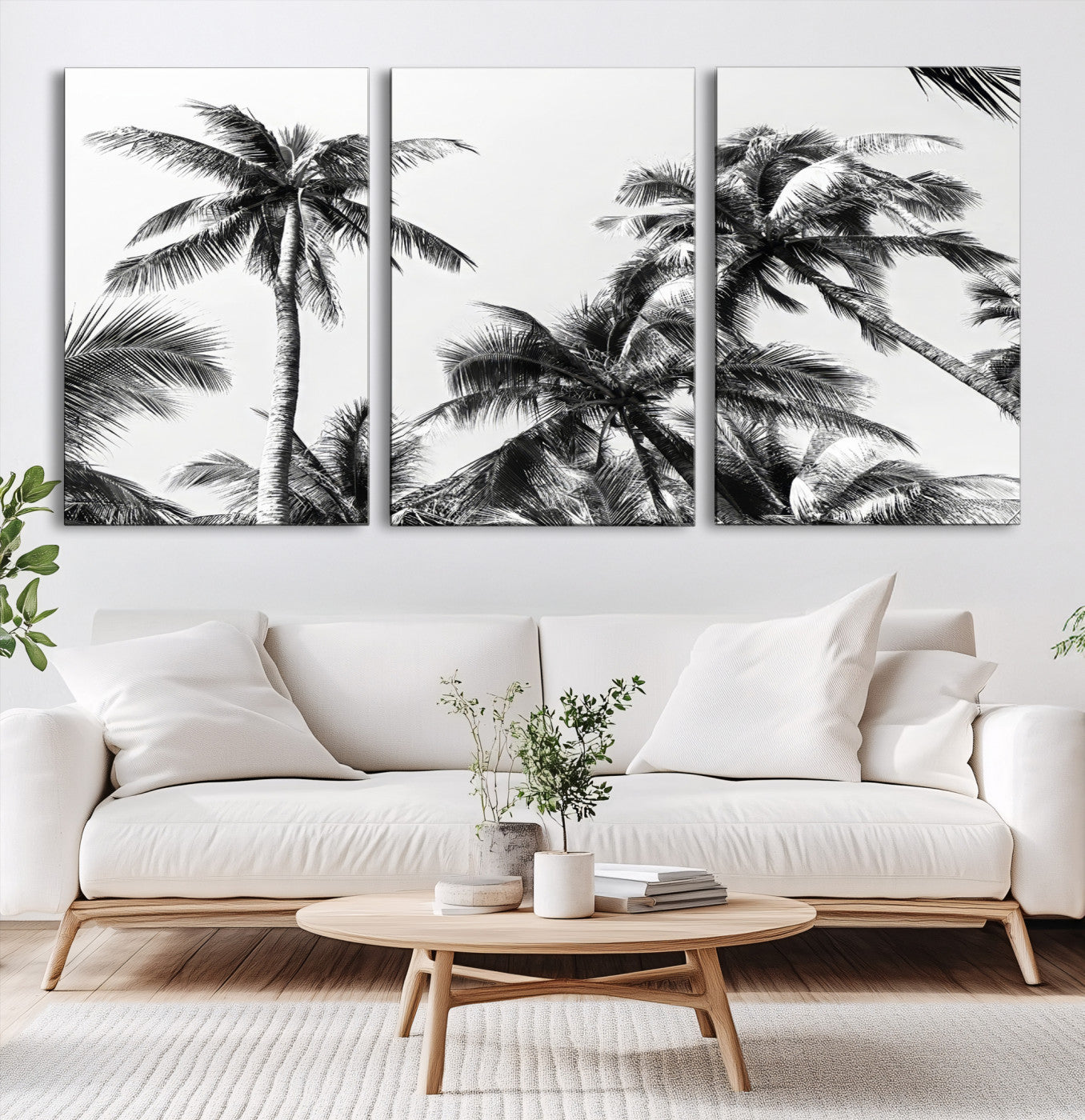 46641801-MGV-CV-60X30-3P-Palm Wall Art Canvas Print – Framed Monochrome Tropical Scene Artwork for Minimalist Home, Office, Living Room Decor