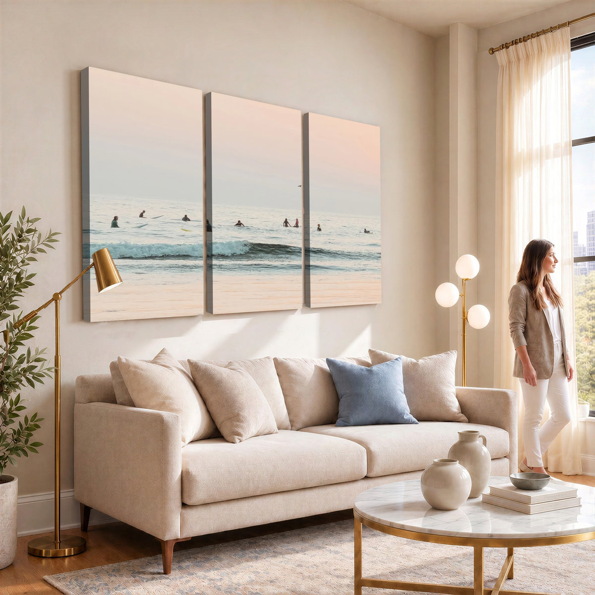 98888919-MGV-CV-24X16 - Pastel Ocean Wall Art Canvas Print, Framed Soft Sunset Calm Sea Coastal Art
