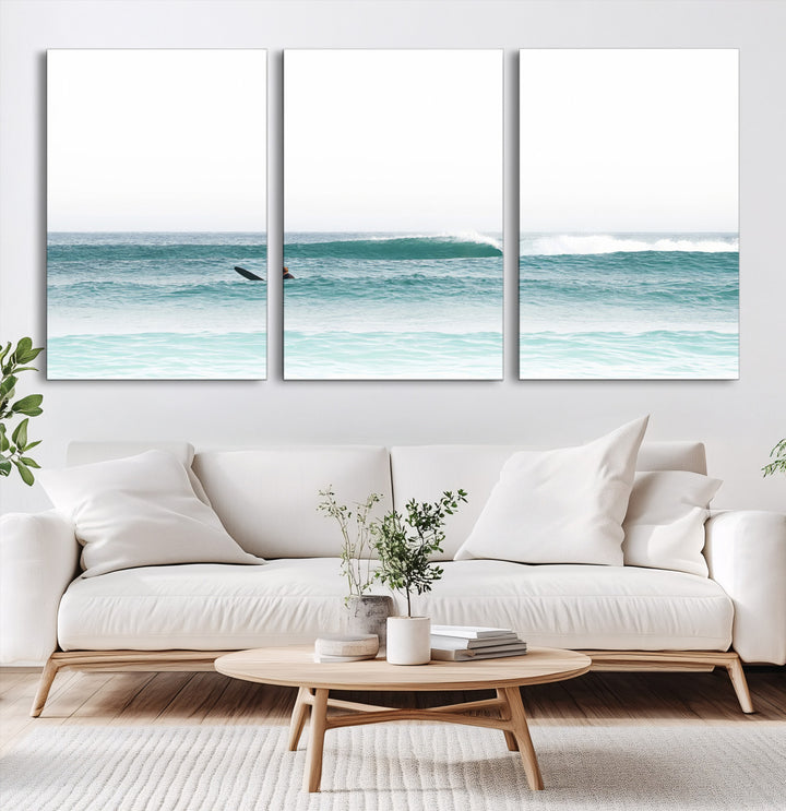 Surfing Wall Art Canvas Print, Framed Ocean Art Picture Print, Waves Perfect Minimalist Decor