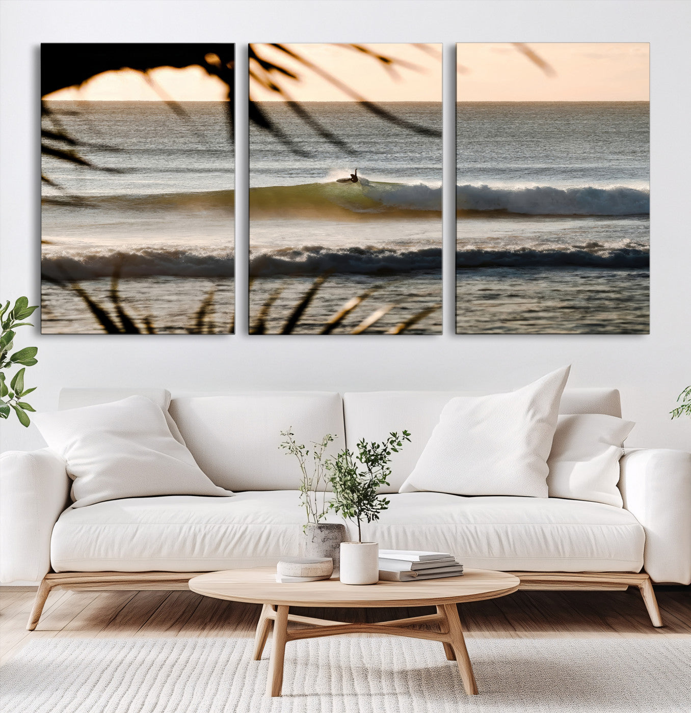 24896468-MGV-CV-60X30-3P-Sunset Surf Wall Art Canvas Print – Framed Golden Hour Waves Scene Artwork for Boho Home, Office, Living Room Decor