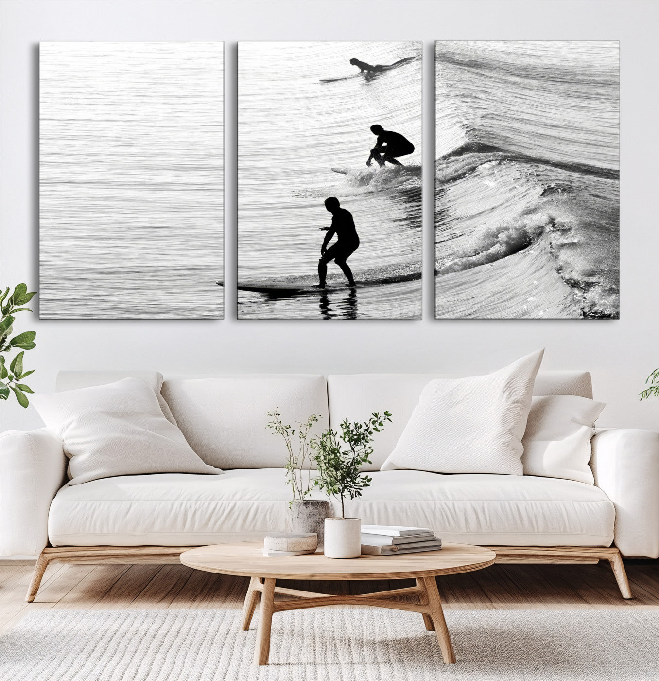 19875284-MGV-CV-60X30-3P-Surfers on Waves Wall Art Canvas Print – Framed Black and White Surf Ocean Monochrome Beach Artwork for Home, Office