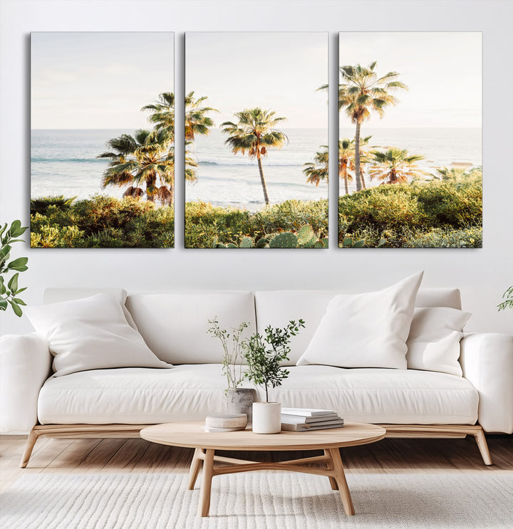 California Coast Wall Art Canvas Print, Framed Palm Trees Art Picture Print, Coastal Landscape Perfect Coastal Minimalist Decor