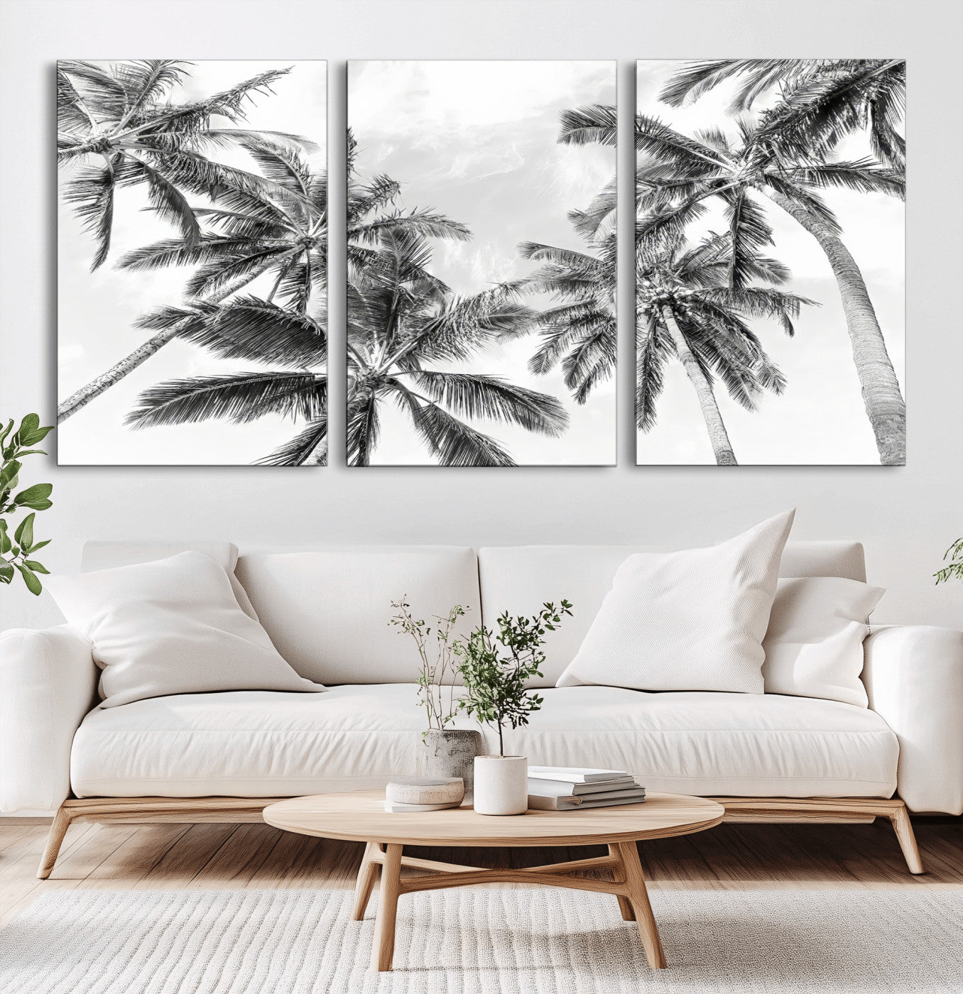 MGV-CV-60X30-3P - Black White Palm Wall Art Canvas Print, Framed Monochrome Tropics Art Picture Print, Minimalist Beach Perfect Coastal Minimalist Decor Artwork