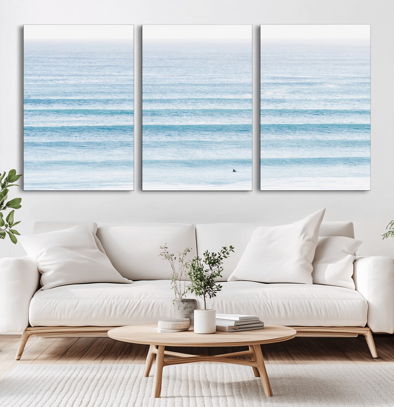 77145995-MGV-CV-36X24-Ocean Wave Surfer Wall Art – Framed Minimal Seascape Canvas Artwork, Calm Blue Water Design, Coastal Decor for Home, Office