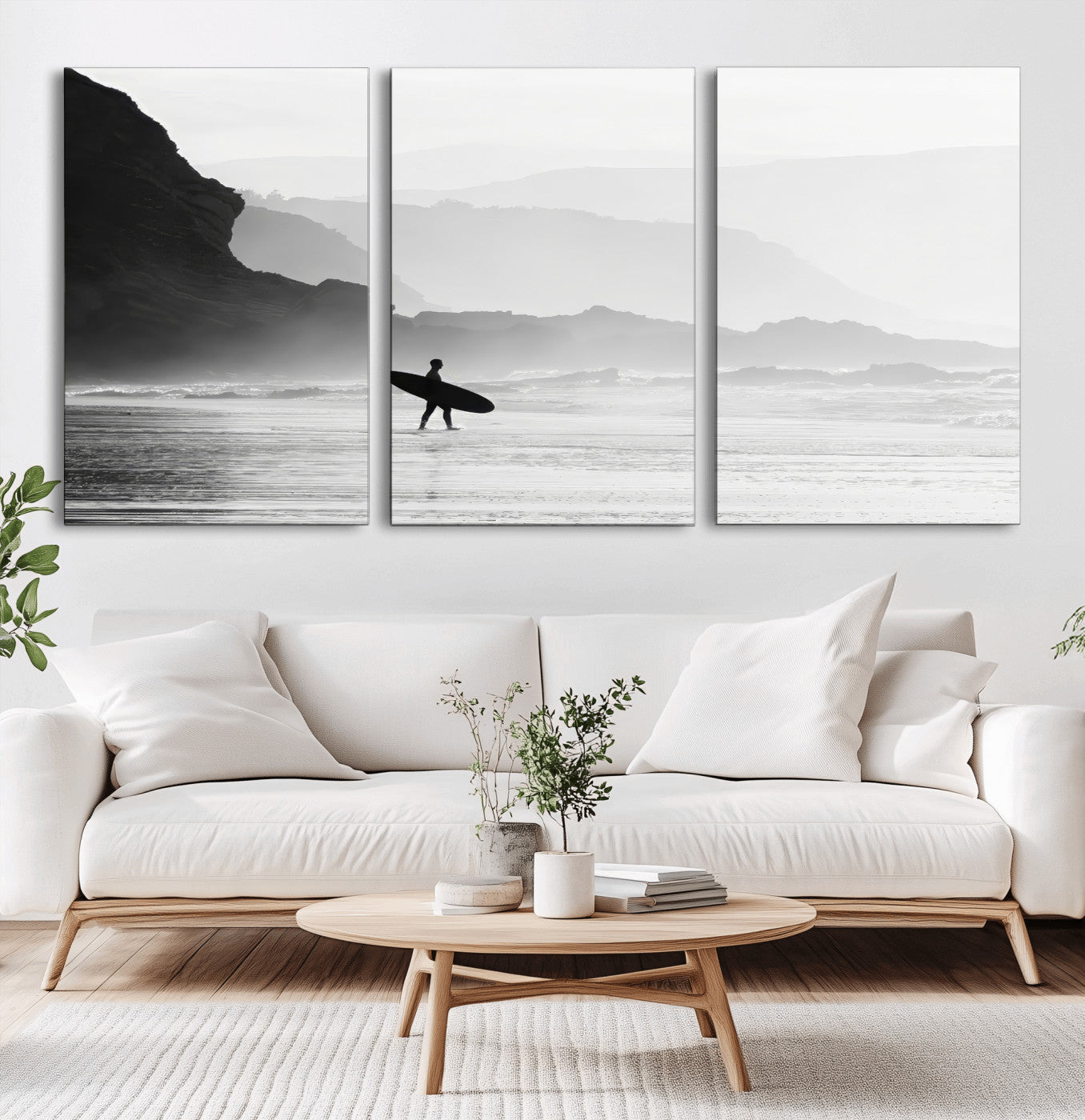 MGV-CV-60X30-3P - Surfer In Fog Wall Art Canvas Print, Framed Moody Shoreline Art Picture Print, Cliffside Waves Perfect Minimalist Coastal Decor Artwork