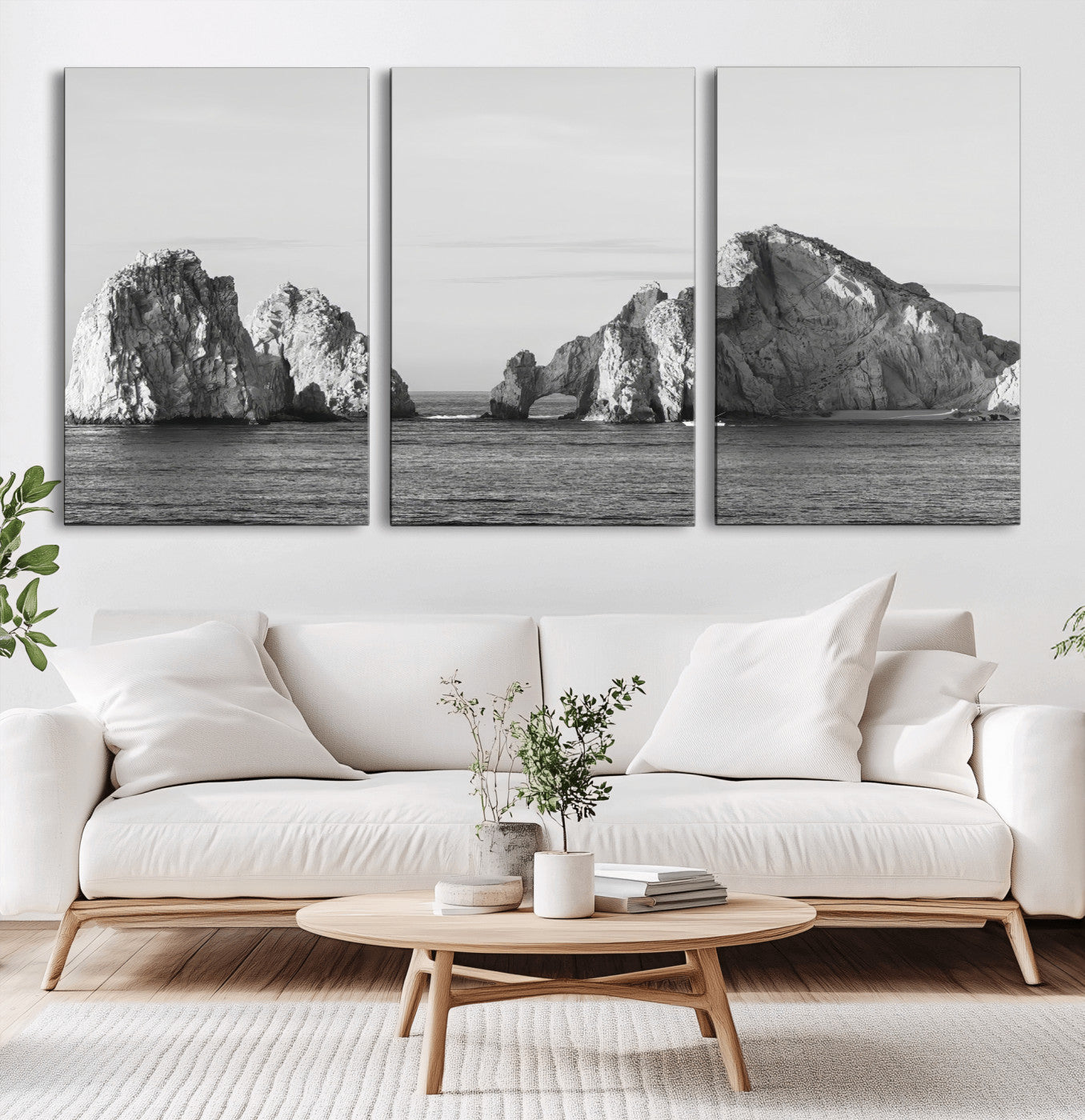 MGV-CV-60X30-3P - Rugged Coastline Wall Art Canvas Print, Framed Ocean Cliffs Art Picture Print, Monochrome Seascape Perfect Coastal Minimalist Decor Artwork