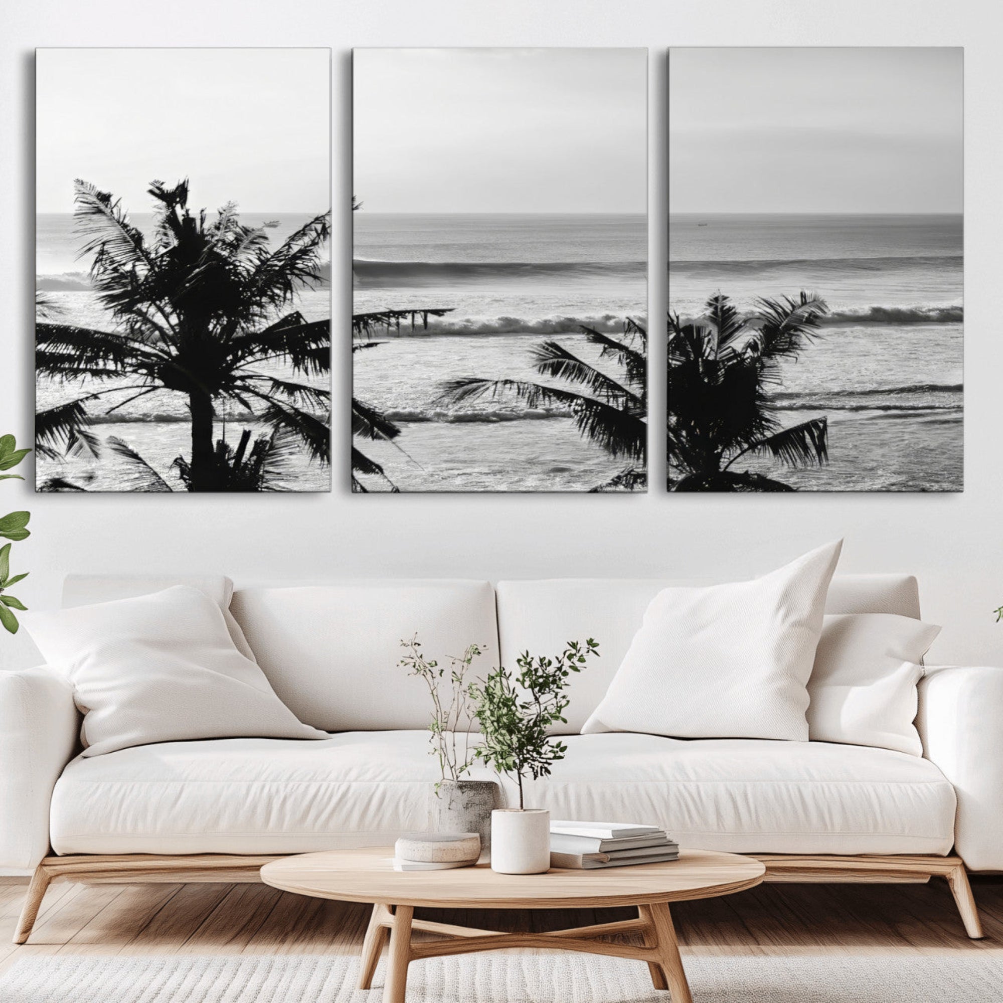 17508038-MGV-CV-36X24-Tropical Coastline Wall Art Canvas Print – Framed Palm Trees Scene with Ocean Waves Artwork for Home, Office