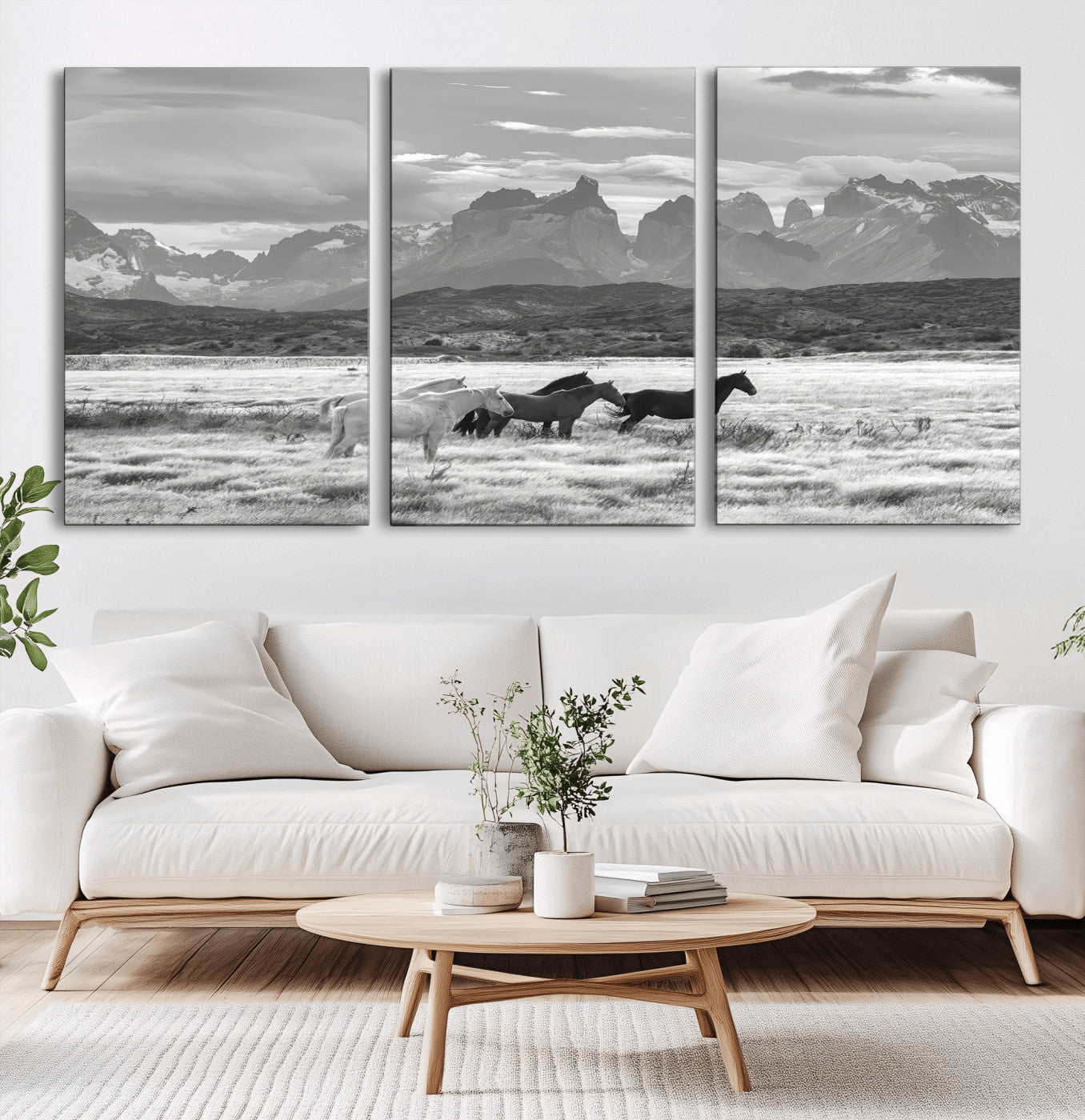 MGV-CV-60X30-3P - Wild Horses Wall Art Canvas Print, Framed Black White Mountains Art Picture Print, Rustic Countryside Perfect Rustic Western Decor Artwork