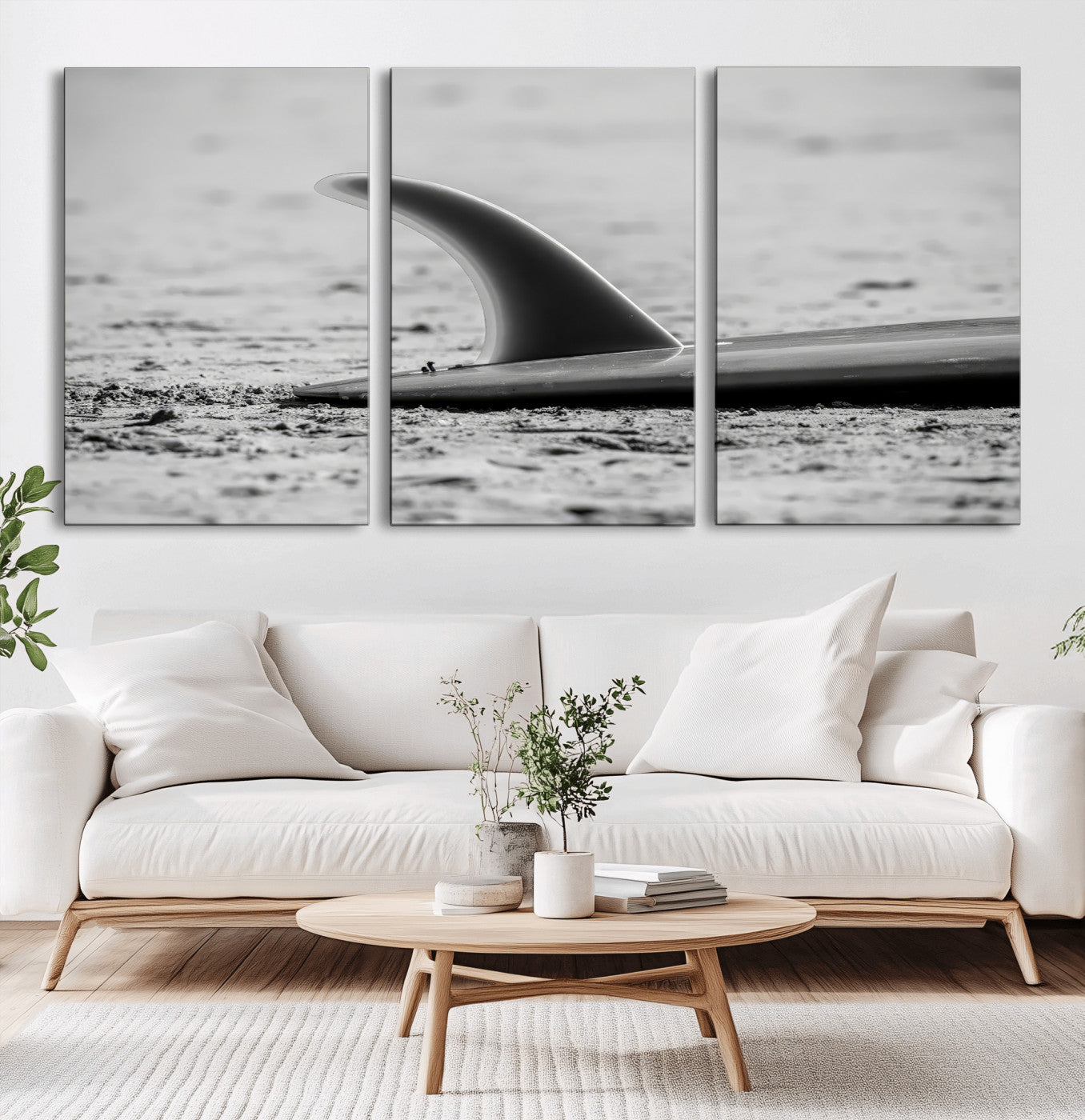MGV-CV-60X30-3P - Black White Surfboard Wall Art Canvas Print, Framed Minimalist Beach Art Picture Print, Surf Fin Perfect Minimalist Coastal Decor Artwork