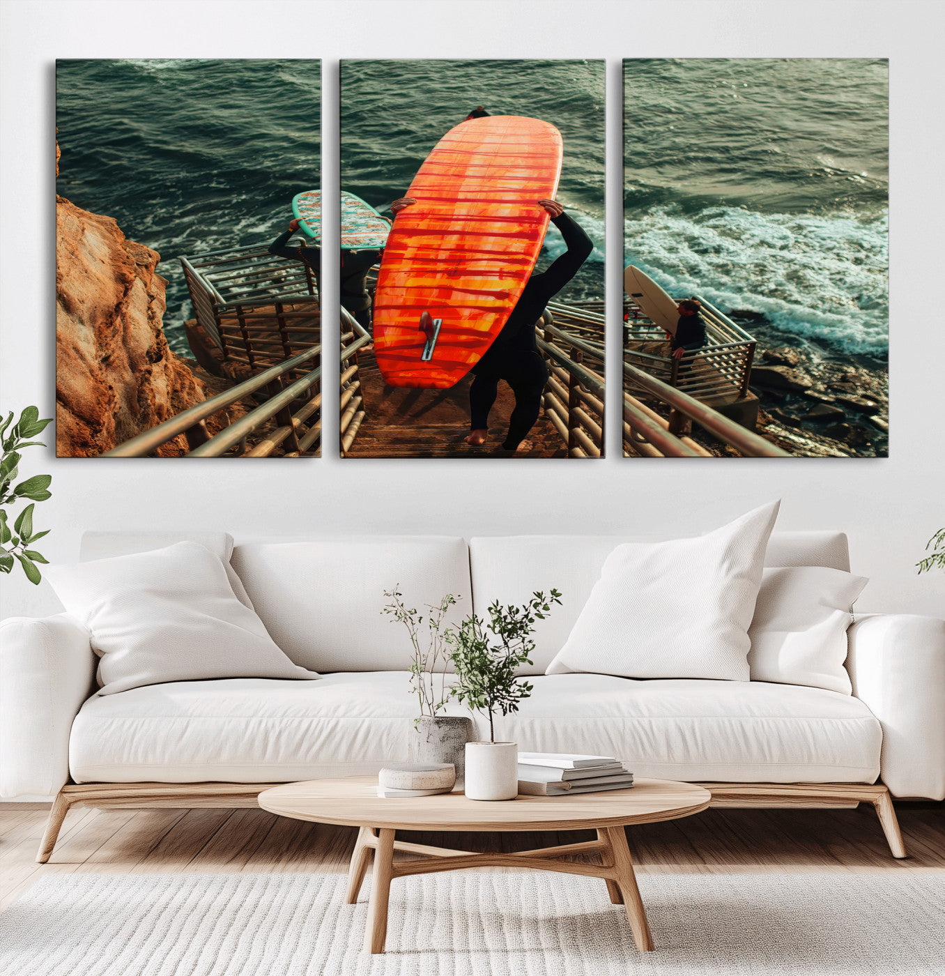 MGV-CV-60X30-3P - Surfer Stairway Wall Art Canvas Print, Framed Ocean Surf Art Picture Print, Sunset Coastal Perfect Coastal Adventure Decor Artwork