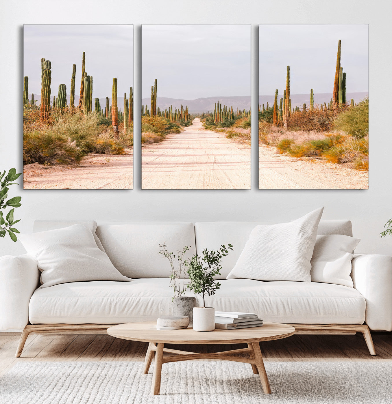MGV-CV-60X30-3P - Desert Cactus Lined Road Wall Art Canvas Print, Framed Southwestern Landscape Art Picture Print, Bohemian Western Aesthetic Perfect Southwestern Boho Decor Artwork
