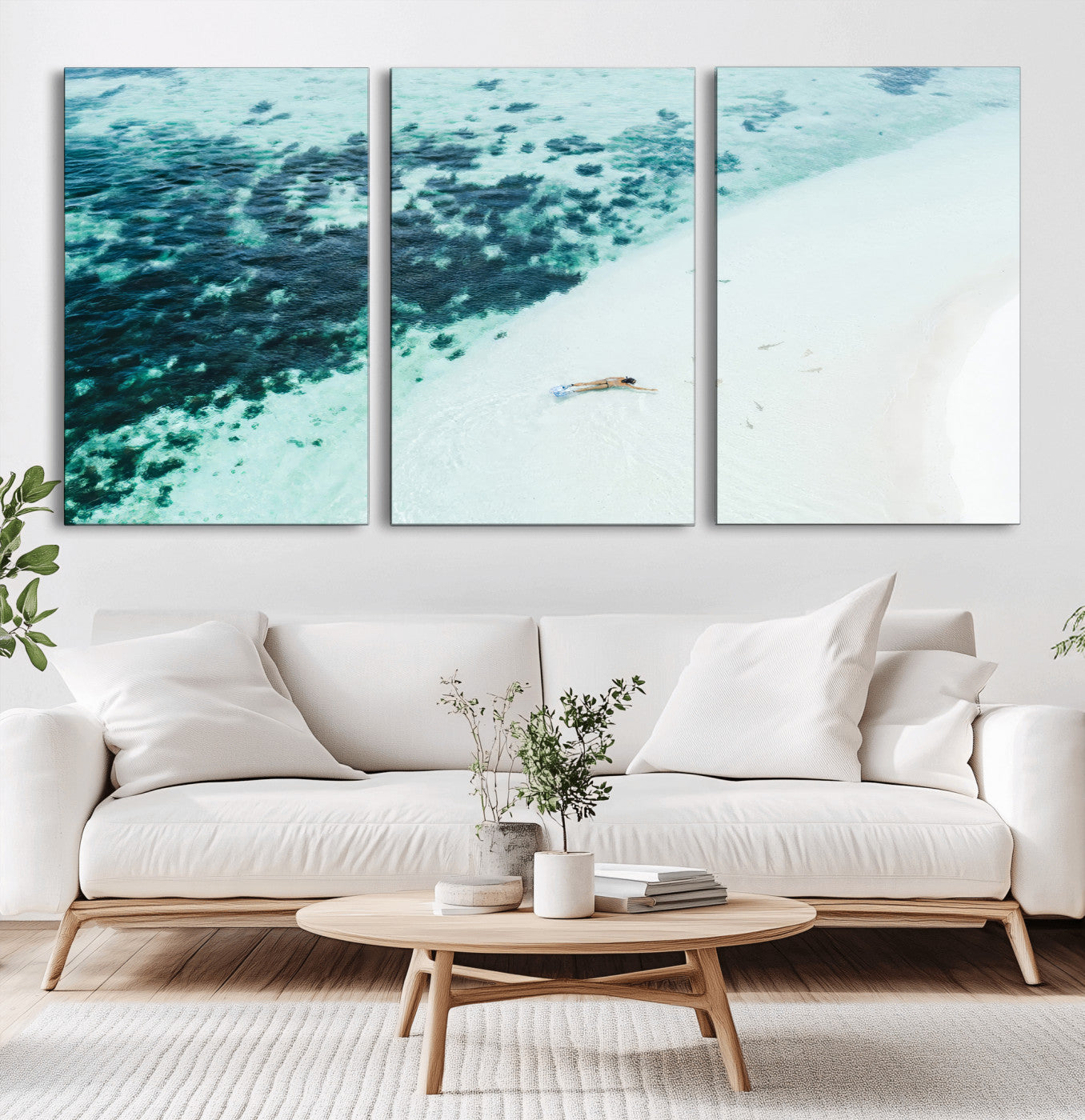 MGV-CV-60X30-3P - Minimal Beach Wall Art Canvas Print, Framed Ocean Swimming Art Picture Print, Clear Ocean Perfect Minimal Coastal Decor Artwork
