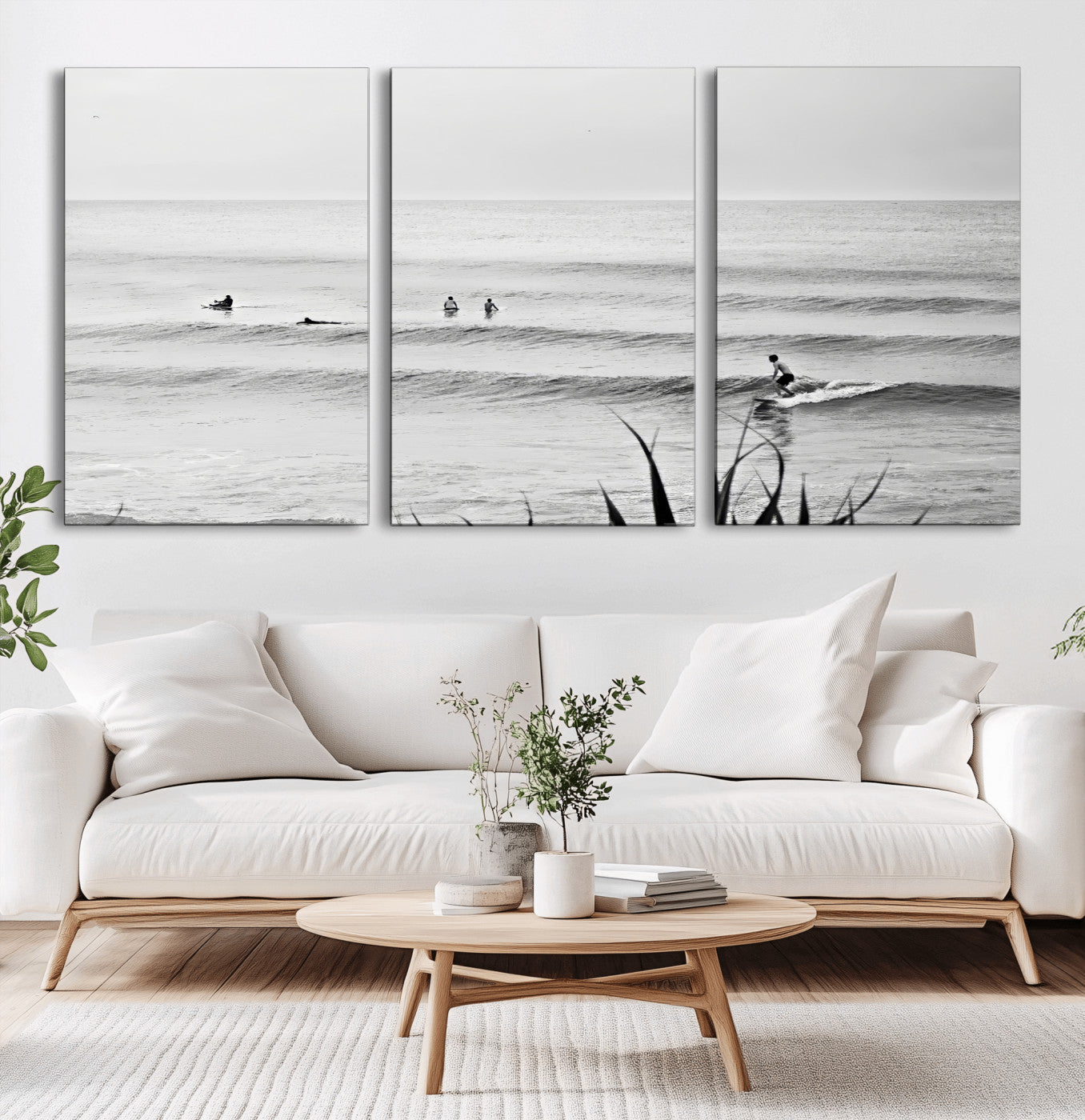 MGV-CV-60X30-3P - Surfer Silhouette Wall Art Canvas Print, Framed Calm Ocean Art Picture Print, Monochrome Surf Perfect Minimalist Coastal Decor Artwork