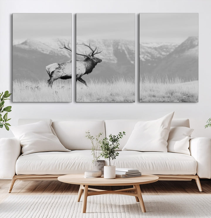 Rustic Elk Wall Art Canvas Print, Wildlife Antler Print, Framed Western Hunting Lodge Art Print, Large Mountain Nature Scene Printing Perfect for Japanese Decor