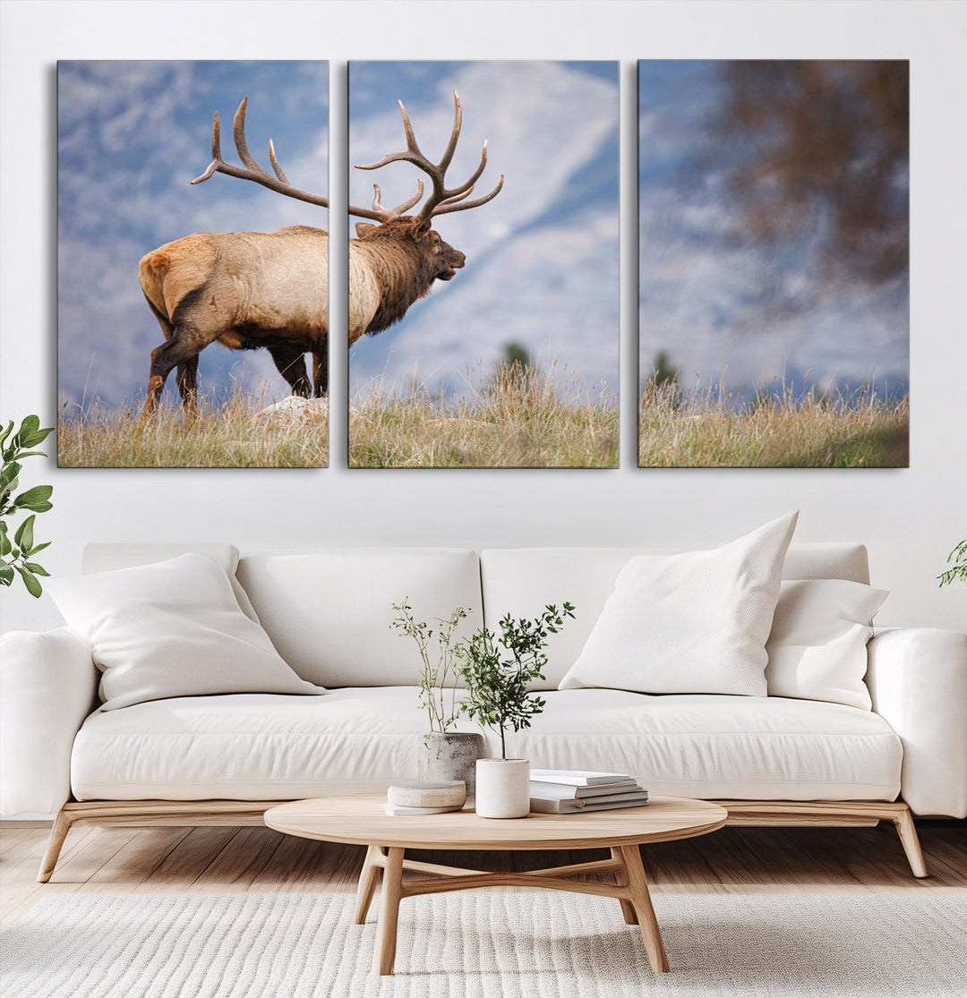 Rustic Elk Wall Art Canvas Print, Wildlife Antler Print, Framed Western Hunting Lodge Art Print