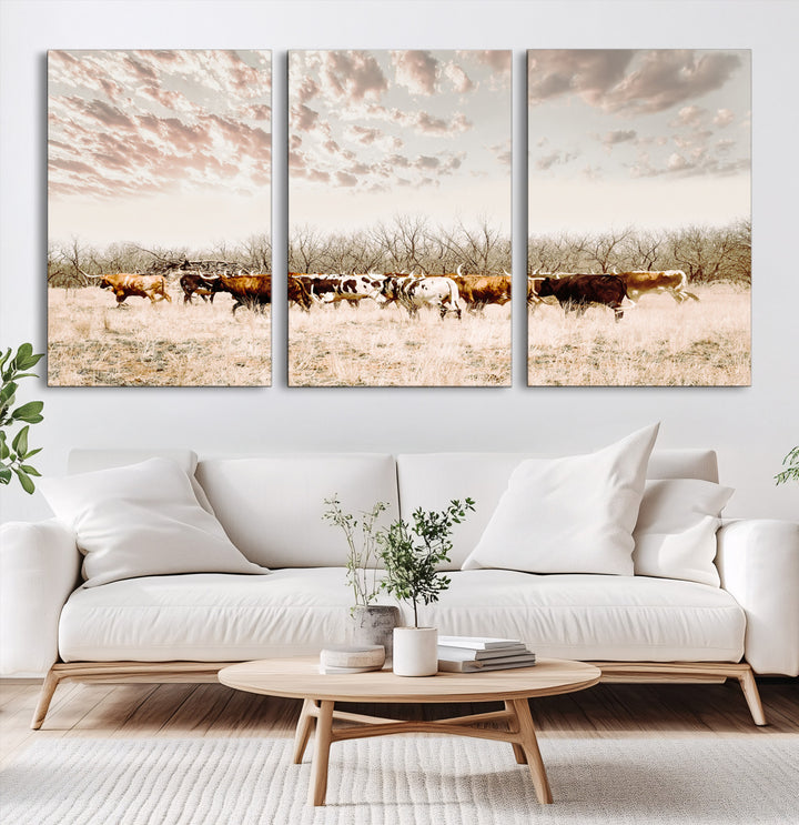 Longhorn Cattle Wall Art Canvas Print, Texas Ranch Print, Framed Western Cow Art Print, Large Prairie Landscape Printing Perfect for Western Decor