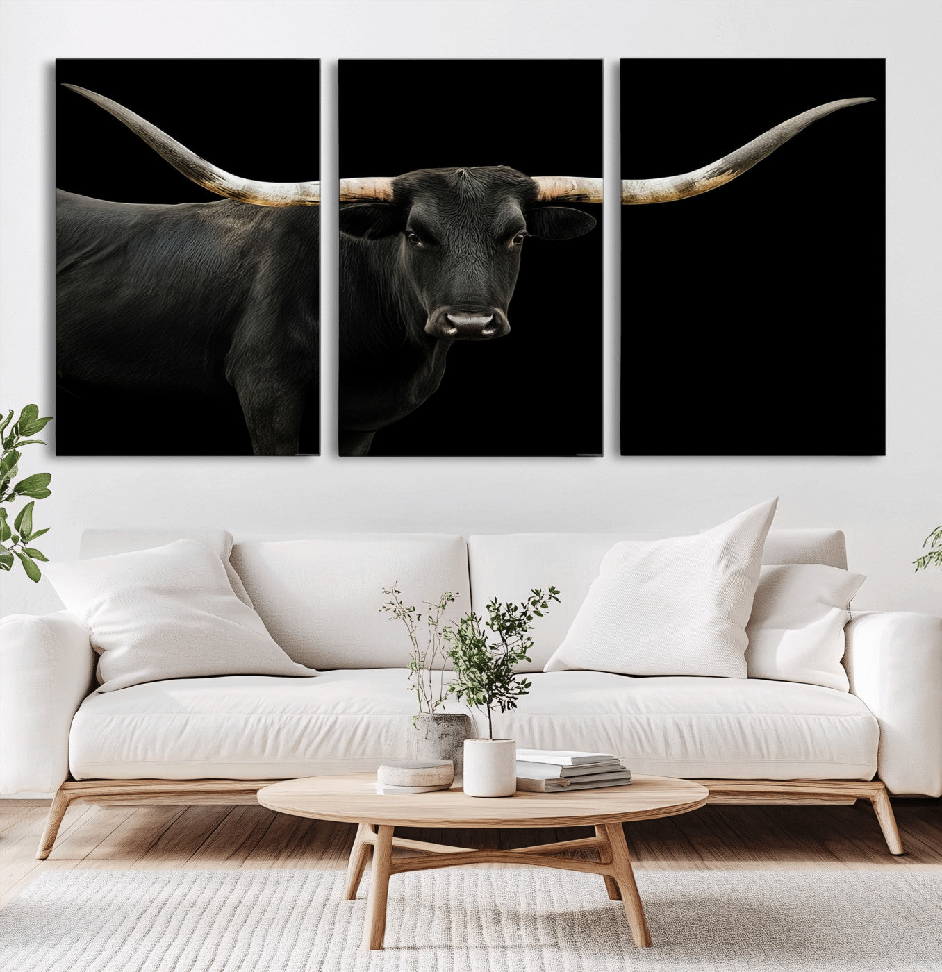 99448328-MGV-CV-36X24-Longhorn Cattle Wall Art Canvas Print – Framed Texas Ranch Scene with Western Cow Artwork for Home, Office, Living Room