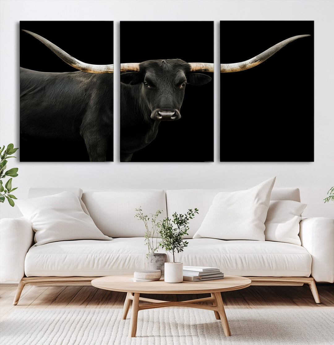 Black White Longhorn Bull Wall Art Canvas Print, Texas Ranch Print, Framed Western Cow Art Print for Farmhouse Decor - Longhorn Print