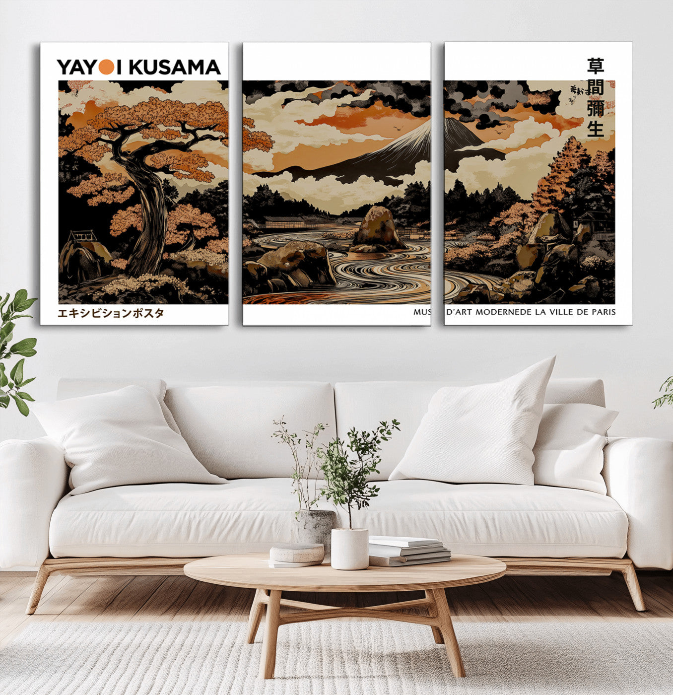 MGV-CV-60X30-3P - Modern Japanese Wall Art Print Yayoi Kusama Canvas Wall Art Abstract Mount Fuji Canvas Print