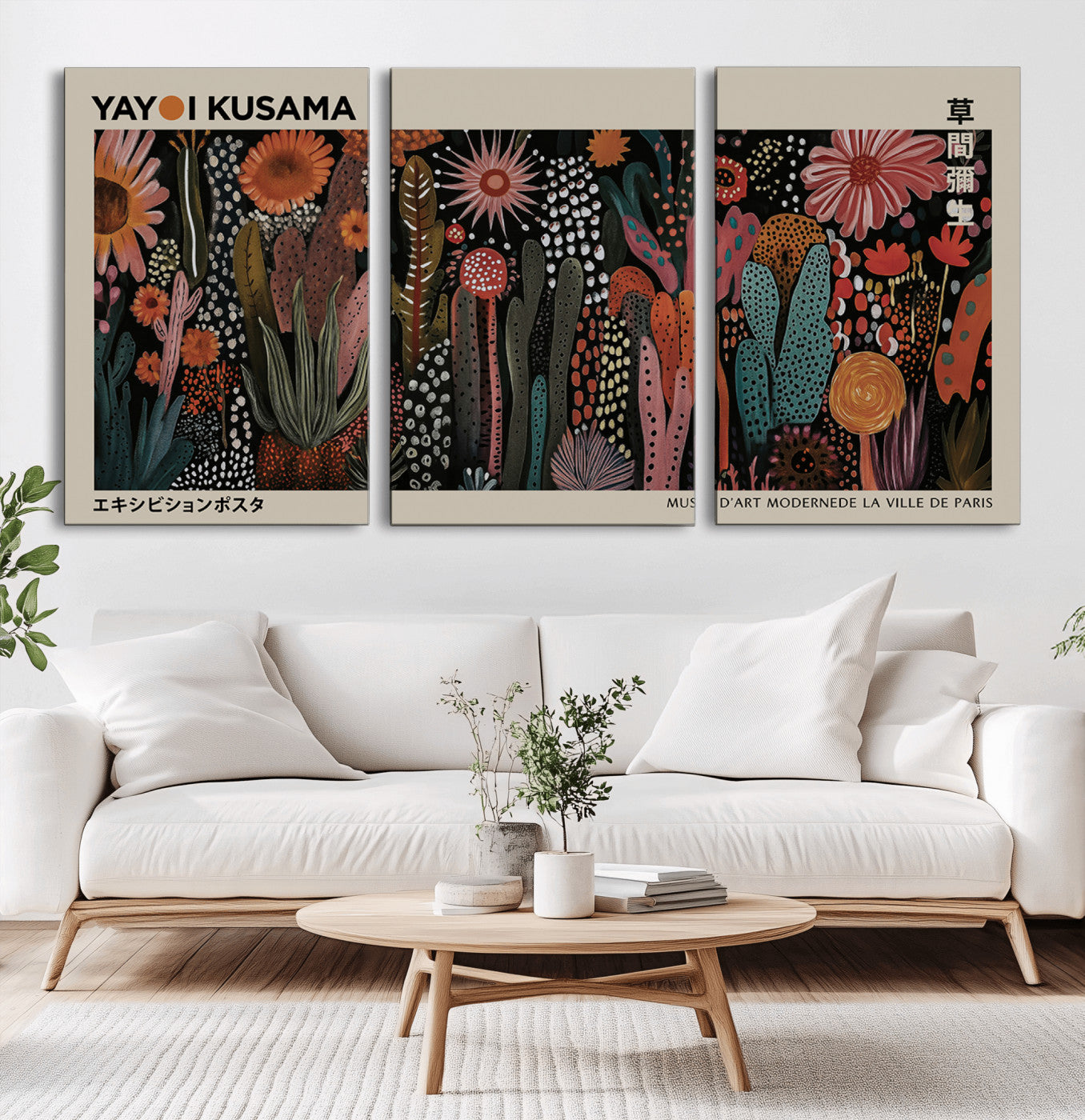 28344895-MGV-CV-36X24-Modern Japanese Wall Art Canvas Print – Framed Abstract Mount Fuji Scene with Contemporary Yayoi Kusama Artwork for Home, Office