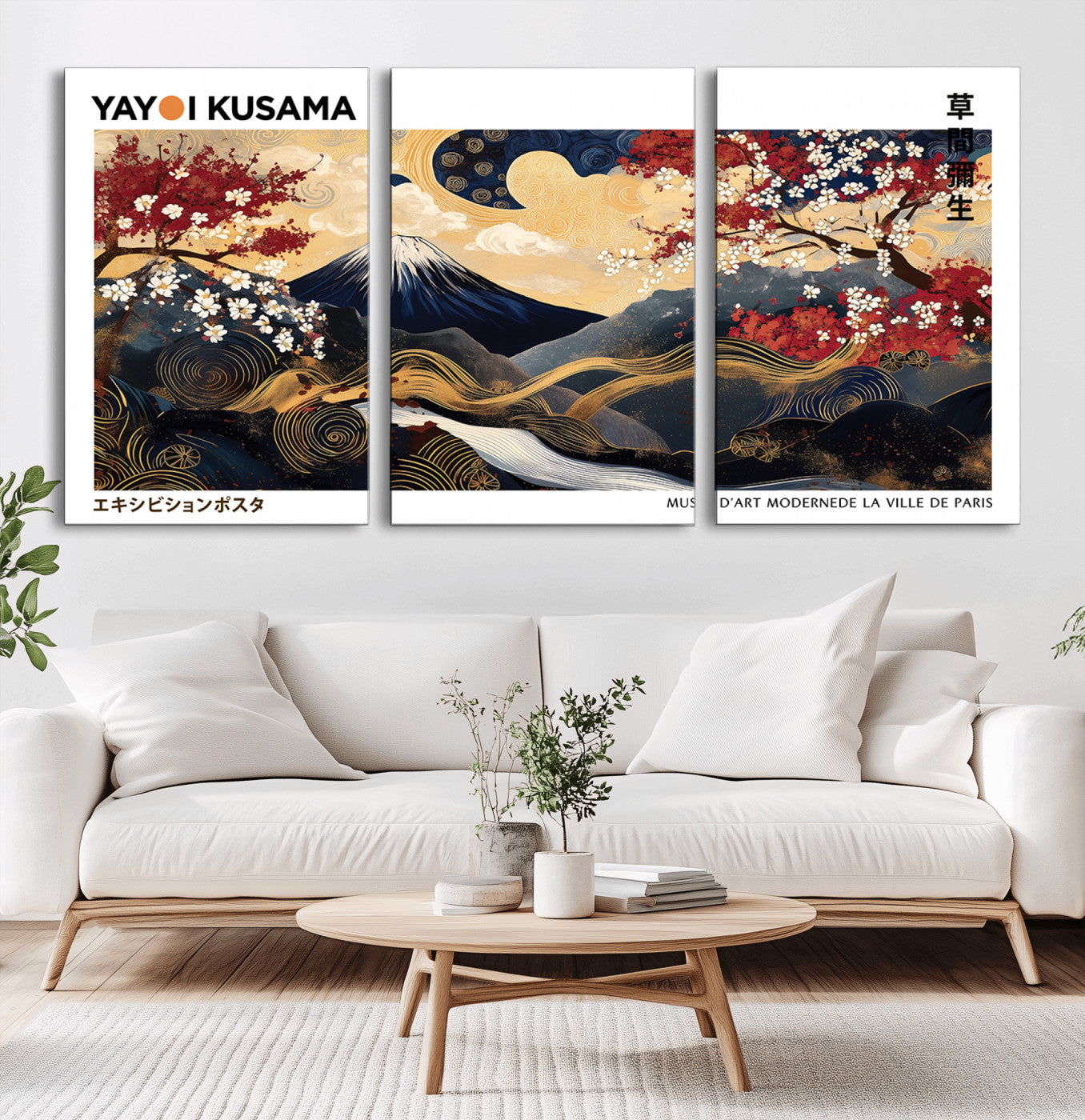 66243961-MGV-CV-36X24-Modern Mount Fuji Wall Art Canvas Print – Framed Abstract Mount Fuji Scene with Yayoi Kusama Artwork for Home, Office