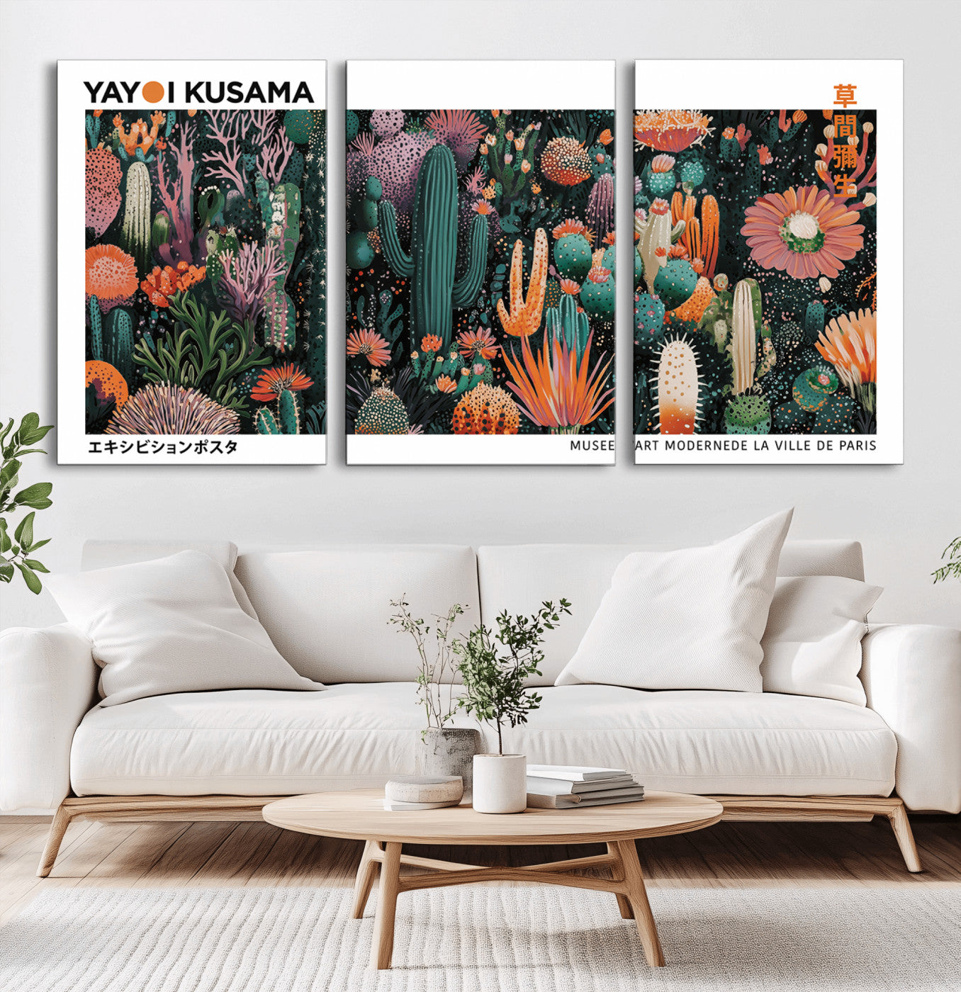 MGV-CV-60X30-3P - Modern Japanese Wall Art Print, Yayoi Kusama Print Wall Decor, Abstract Mount Fuji Canvas Print,