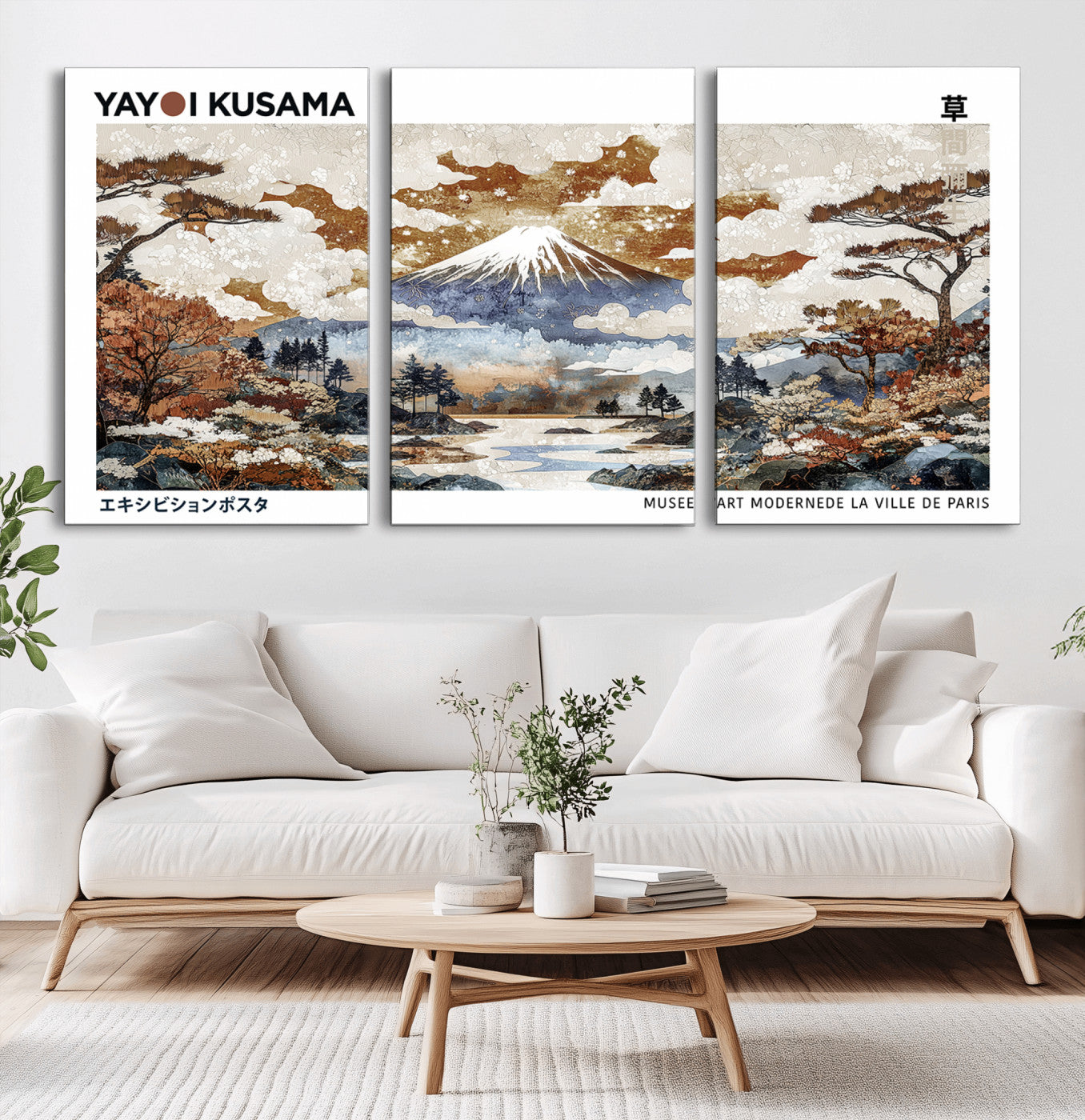 80111817-MGV-CV-36X24-Modern Japanese Wall Art Canvas Print – Framed Abstract Mount Fuji Scene with Yayoi Kusama Artwork for Home, Office