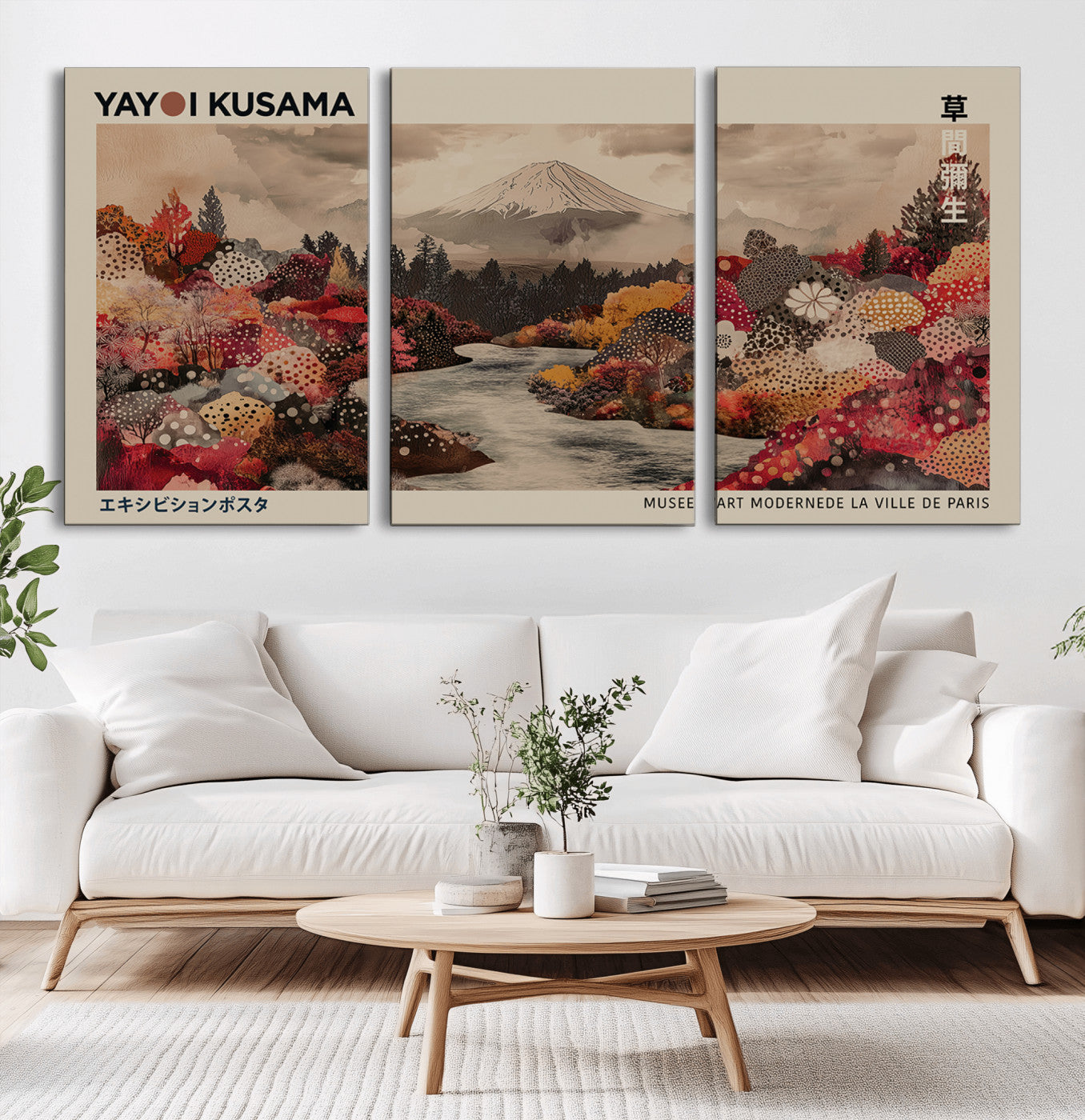 90660838-MGV-CV-36X24-Modern Japanese Wall Art Canvas Print – Framed Abstract Mount Fuji Scene with Yayoi Kusama Artwork for Home, Office