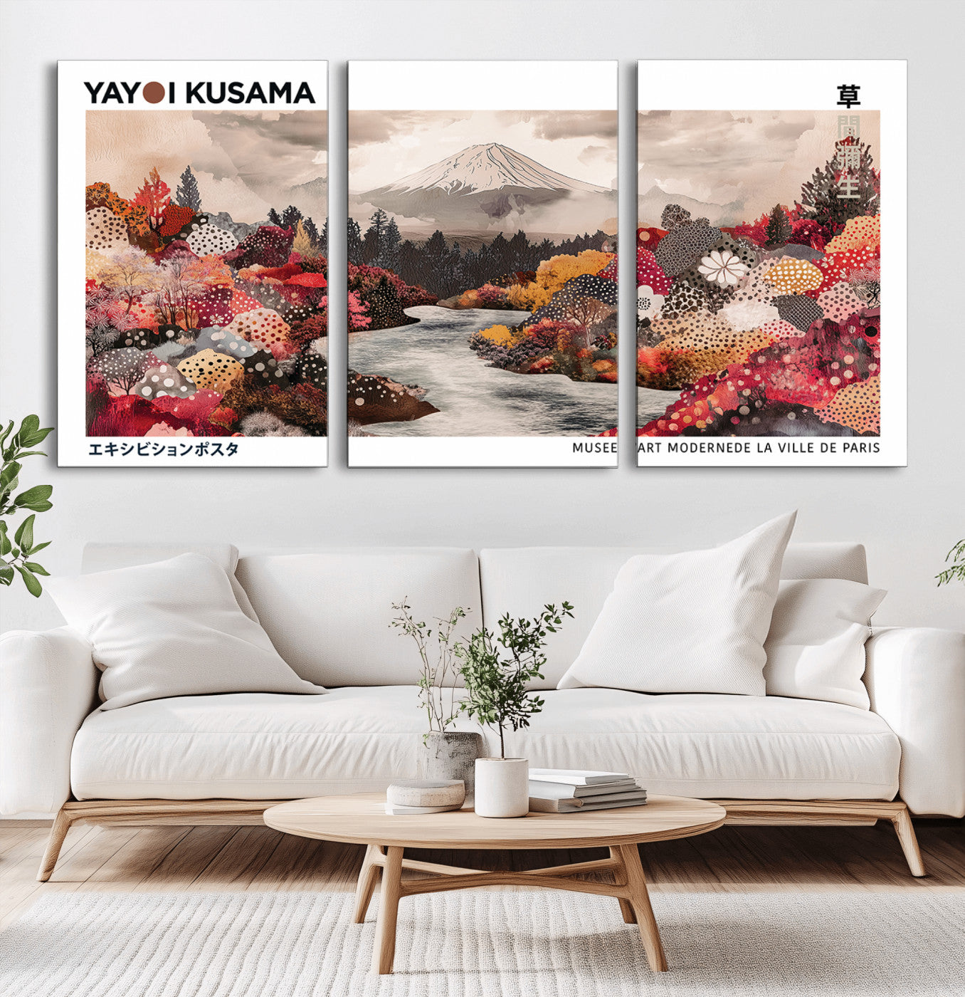 MGV-CV-60X30-3P - Modern Japanese Wall Art Print, Yayoi Kusama Canvas Wall Art, Abstract Mount Fuji Art Canvas Print,