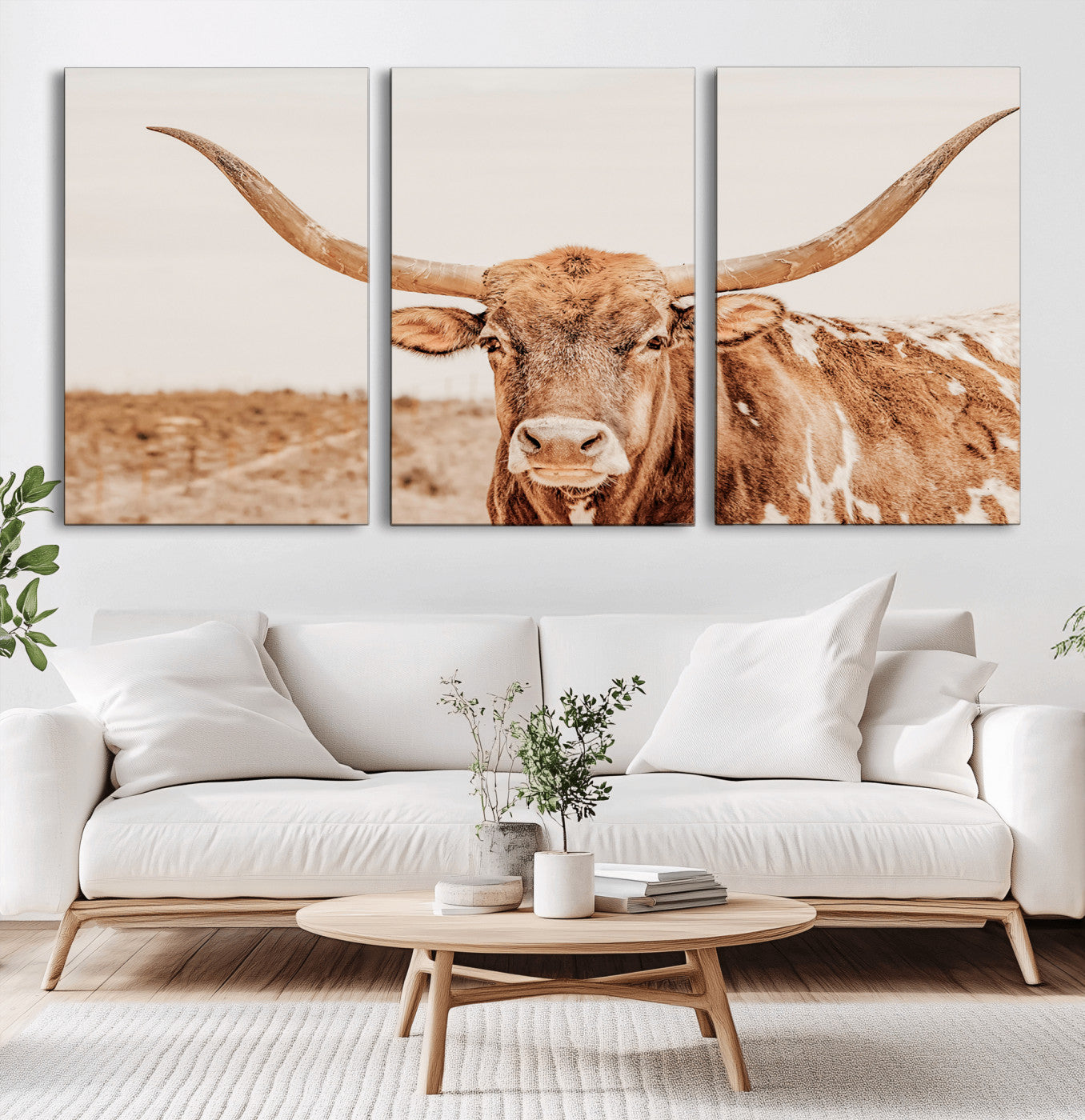 MGV-CV-60X30-3P - Longhorn Bull Wall Art Canvas Print, Framed Western Cow Art Picture Print, Rustic Farmhouse Perfect Neutral Farmhouse Decor Artwork