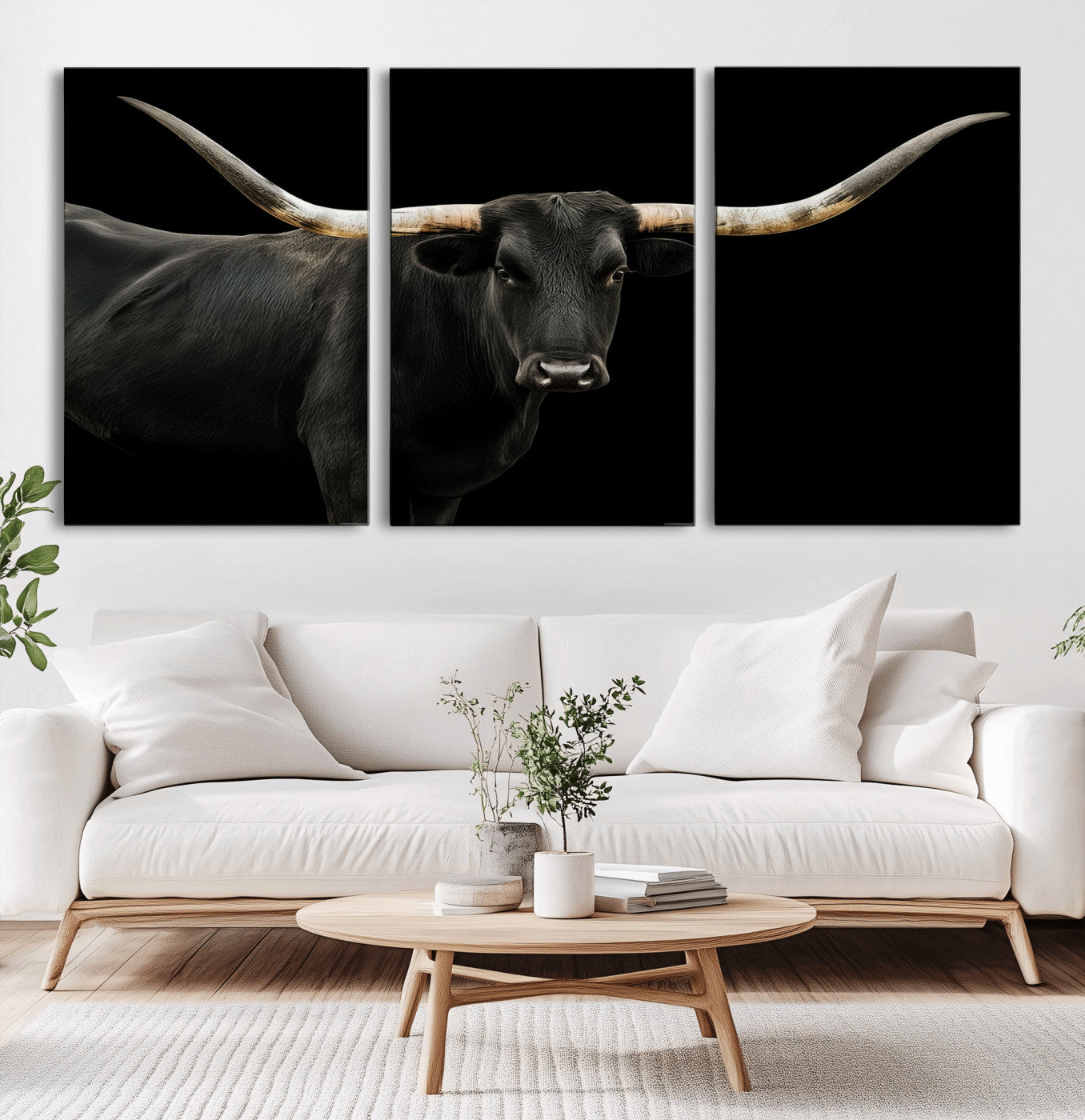 MGV-CV-60X30-3P - Texas Longhorn Wall Art Canvas Print, Framed Rustic Western Art Picture Print, Farmhouse Animal Perfect Modern Western Minimalist Decor Artwork