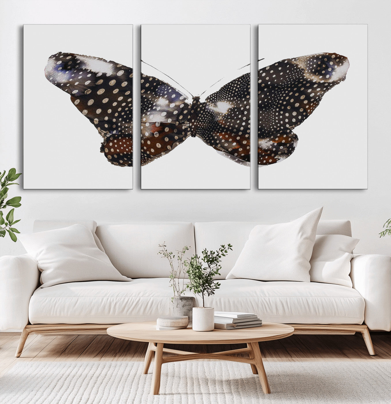MGV-CV-60X30-3P - Spotted Butterfly Wall Art Canvas Print, Framed Neutral Insect Theme Art Picture Print, Earthy Wing Pattern Perfect Modern Rustic Decor Artwork