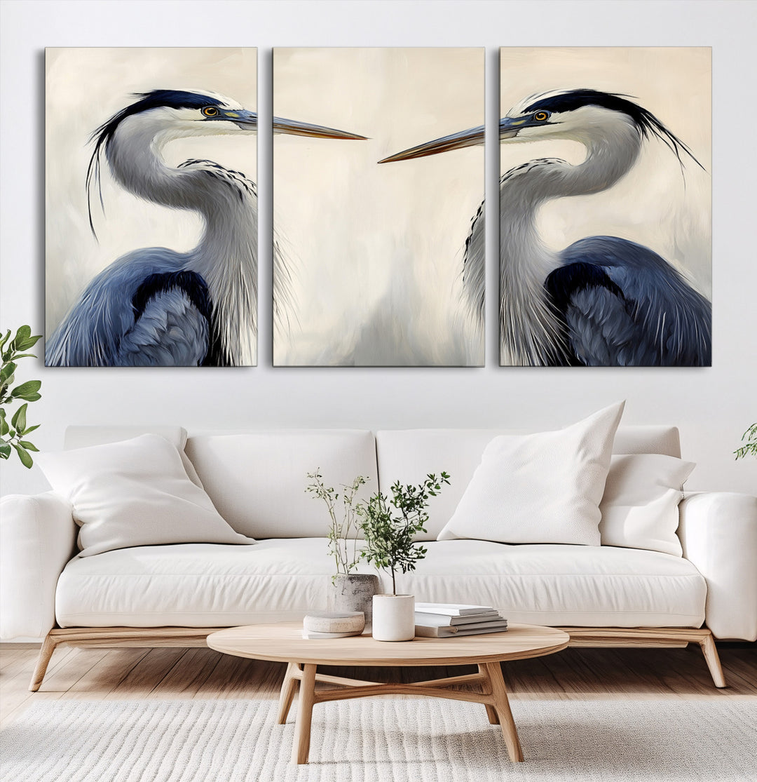 Blue Heron Pair Wall Art Canvas Print, Coastal Bird Theme Print, Framed Tranquil Wildlife Scene Art Print, Large Nature Inspired Decor Printing