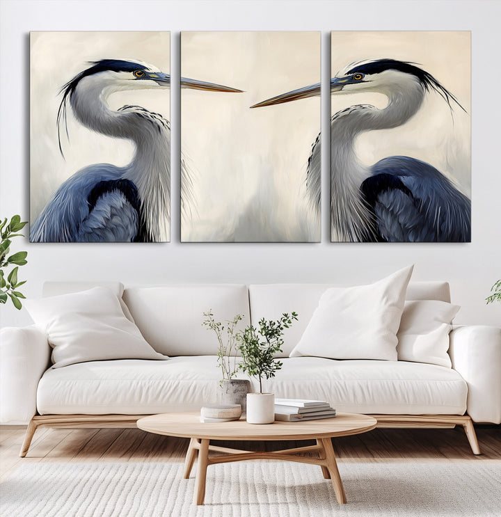 Blue Heron Pair Wall Art Canvas Print, Coastal Bird Theme Print, Framed Tranquil Wildlife Scene Art Print, Large Nature Inspired Decor Printing