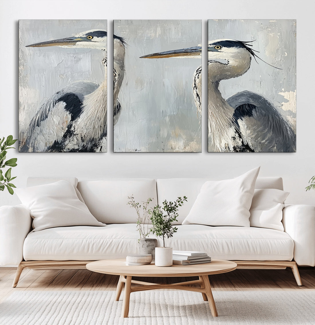 Blue Heron Wall Art Canvas Print, Framed Coastal Bird Pair Minimalist Wildlife Artwork