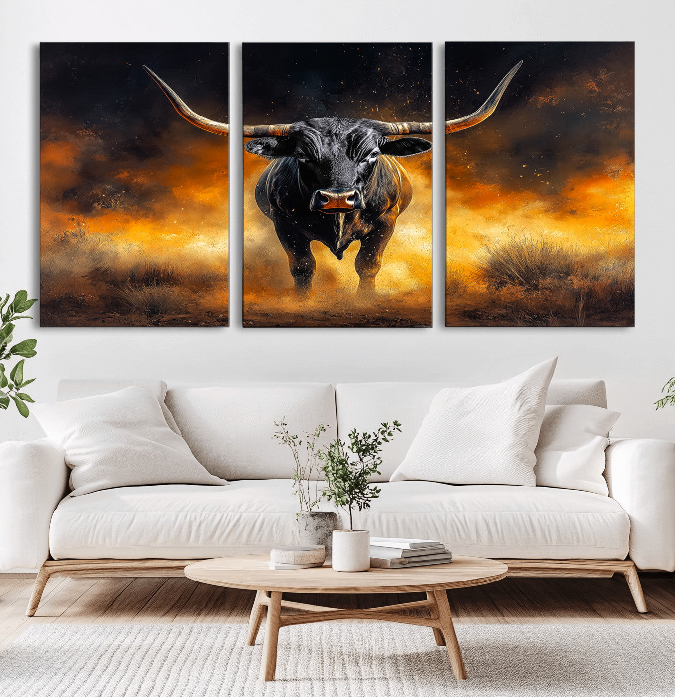 58293979-MGV-CV-36X24-Longhorn Canvas Wall Art Canvas Print – Framed Bold Bull Western Animal Dramatic Ranch Artwork for Home Office