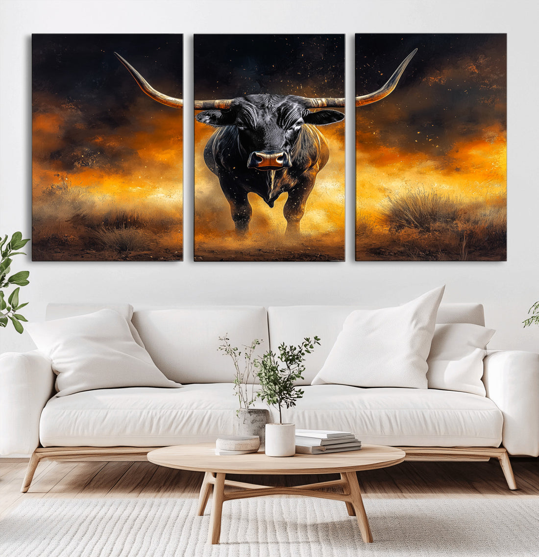 Longhorn Bull Wall Art Canvas Print, Framed Bold Western Ranch Animal Artwork