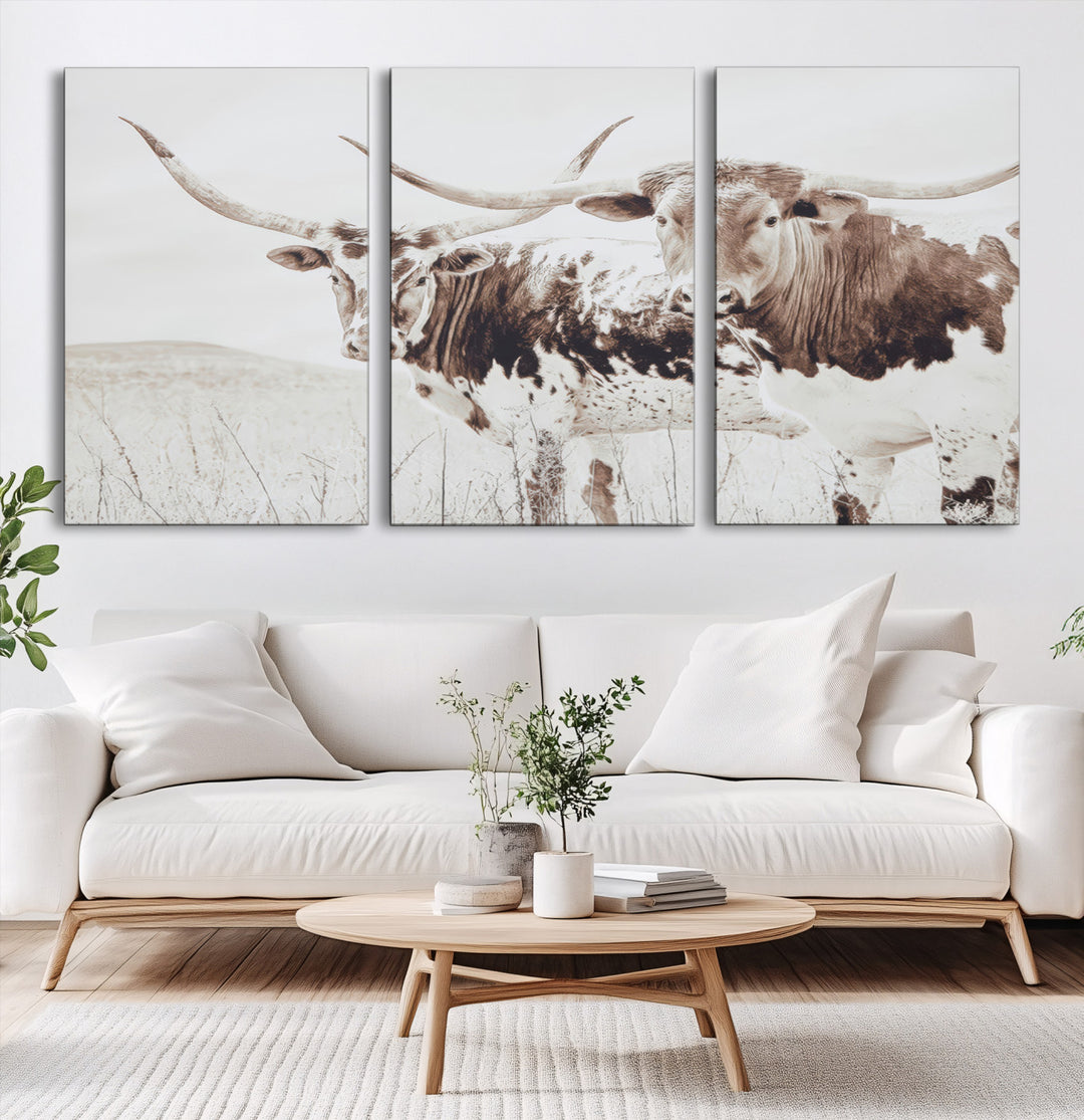Longhorn Wall Art Wall Art Canvas Print, Western Cow Canvas Print, Framed Rustic Farm Decor Art Print, Large Neutral Animal Scene Printing